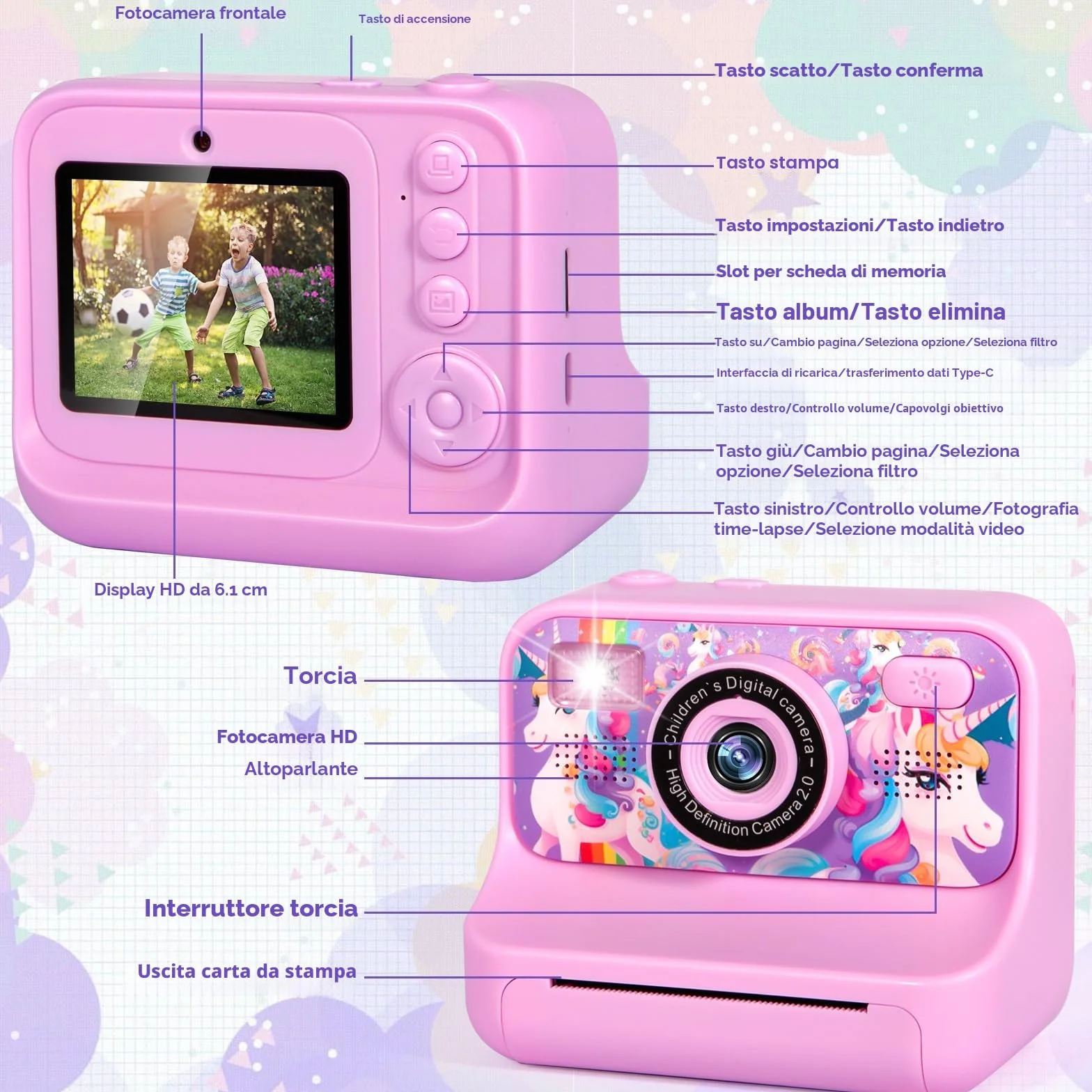 Macchina Fotografica Bambini Istantanea, Fotocamera Istantanea 2.4" 1080P Fotocamera Bambini con 32GB Schede e Carta da Stampa, Modalità Selfie e Video,Regali per Ragazzi Ragazze da 3-12 Anni
