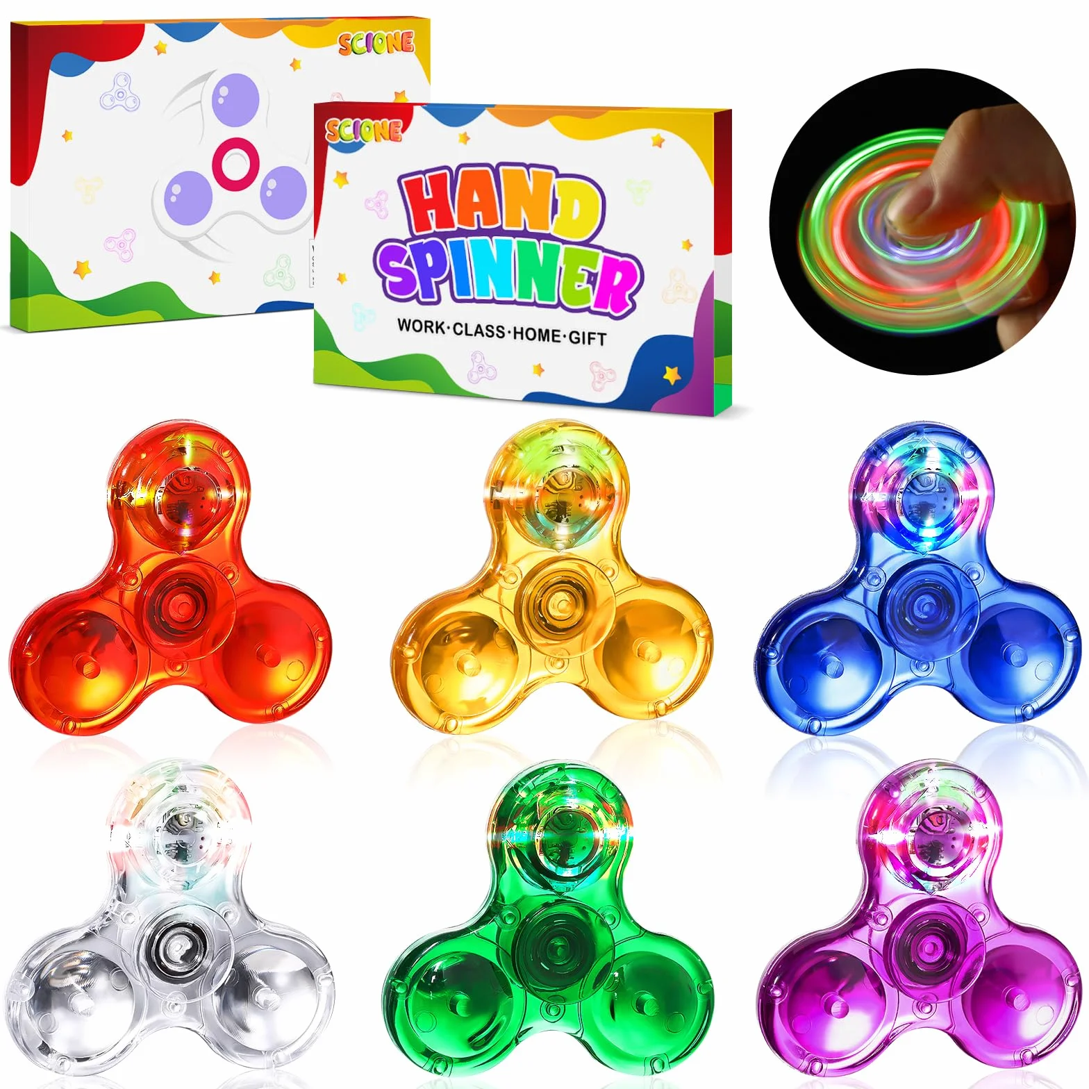 SCIONE Confezione da 6 Fidget Spinner LED per Bambini - Trottole Girevoli con Luci Multicolore, Giocattoli Anti-Stress per Bambini e Bambine, 5.69cm