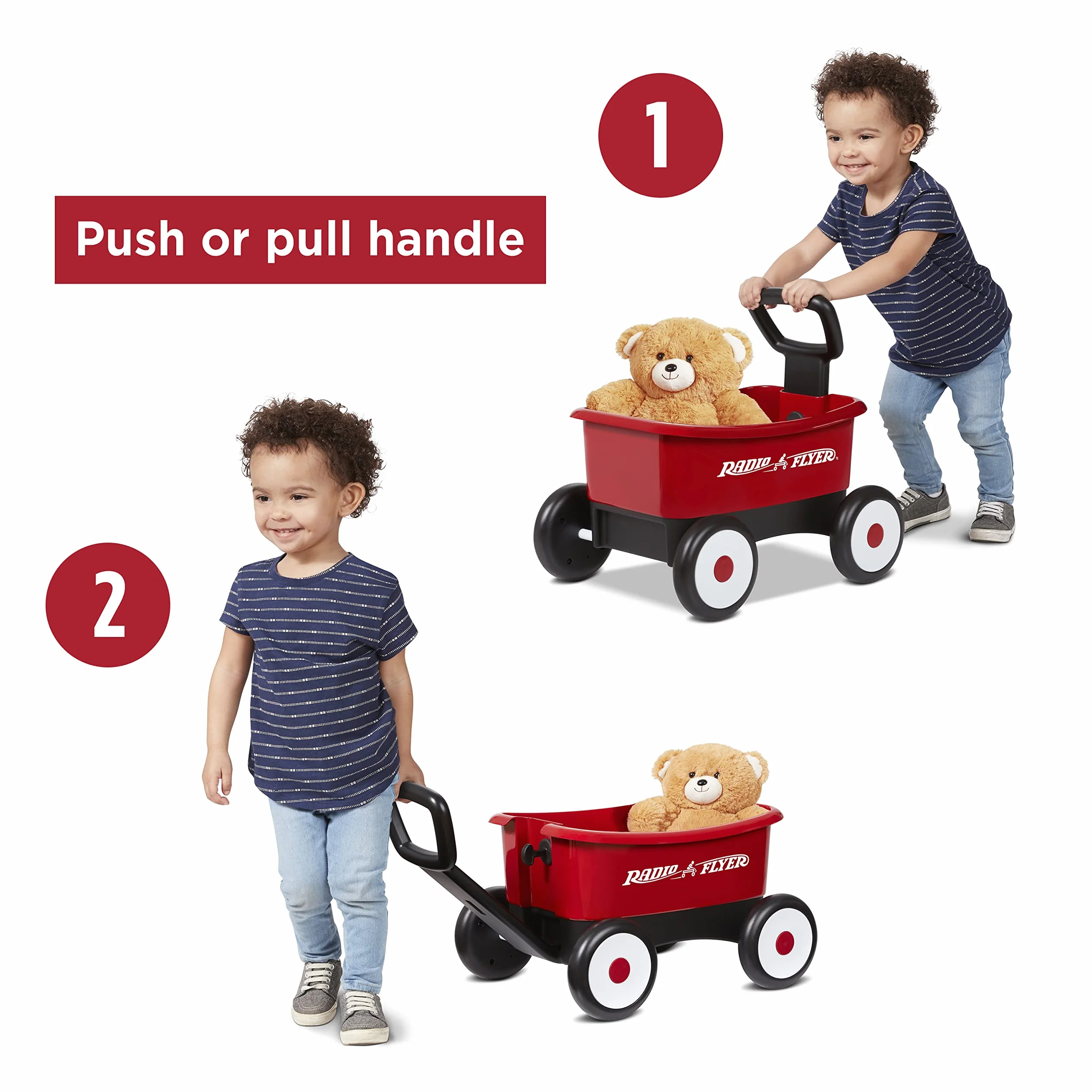 Radio Flyer Push & Pull Walker Wagon with Teddy Bear, Carrello giocattolo bambini, Carretto primi passi spingi e tira 2 in 1 rosso, con orsacchiotto, per bambini da 1 a 4 anni