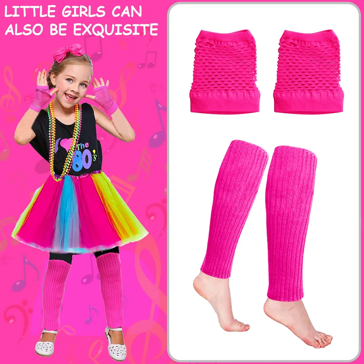 Set Accessori Costume Anni '80, T-Shirt Tutu Fascia per Capelli Collana Orecchino Scaldamuscoli Occhiali guanti a rete per feste retrò anni '80 feste in costume