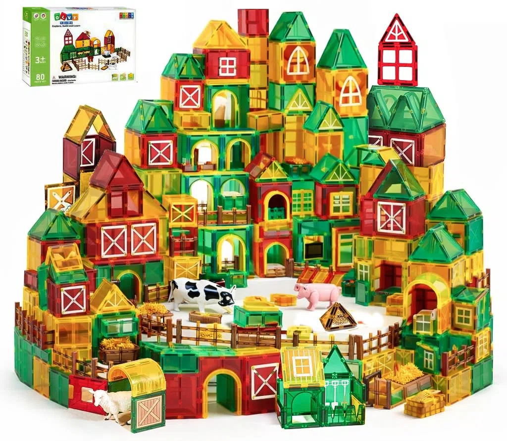Olvy Set di 80 blocchi di costruzione magnetici Montessori per bambini - Gioco di costruzione magnetica a partire da 3 anni - Mattoncini luminosi e piastrelle magnetiche - Giocattolo STEM (Boerderij)