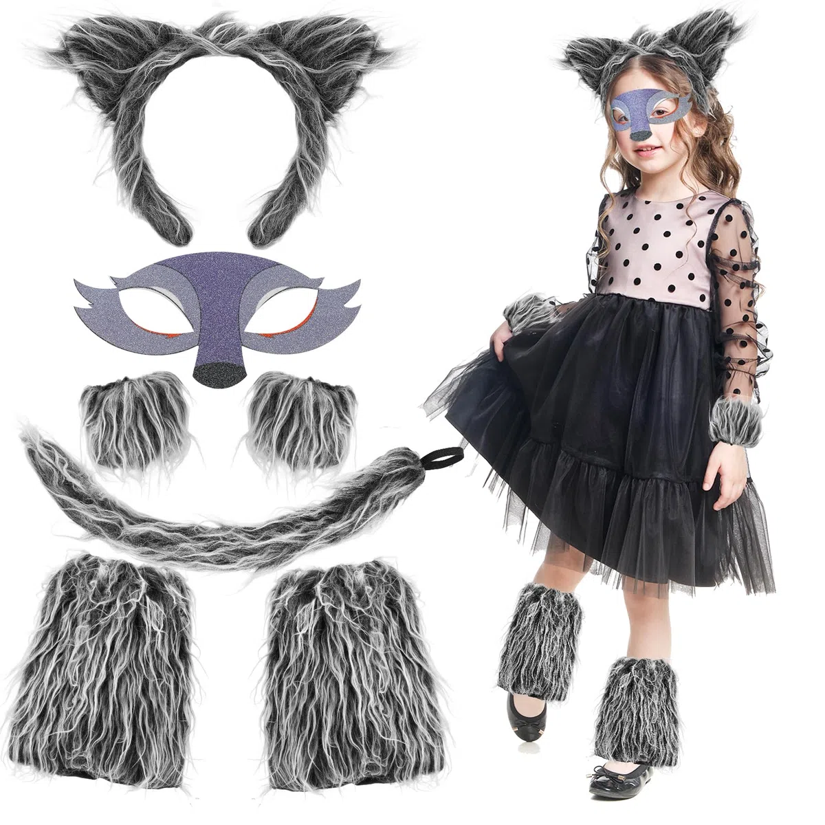 XEPST Set di costumi da lupo animale, orecchie e coda di lupo con fascia di lupo zampe di lupo soffici maschera di lupo coda di lupo per costume di animale cosplay compleanno Halloween