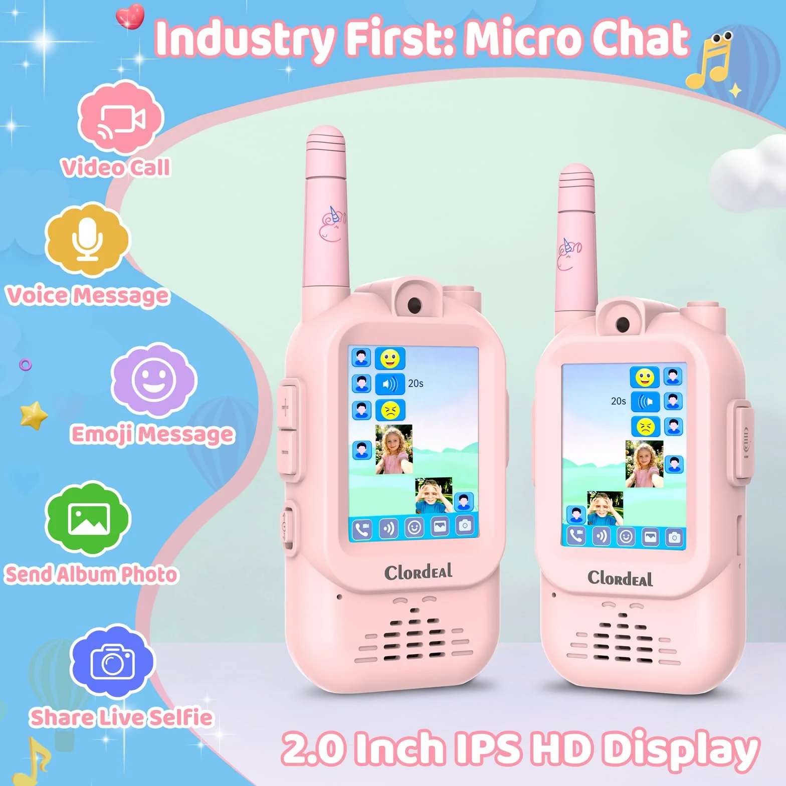 Video Walkie Talkie Bambini Lungo Raggio Ricaricabile, Regalo Bambina 3-12 Anni, Videochiamata, 6 Effetti Voce, 23 Emoticon, 12 Adesivi, LCD 2", Rosa, Confezione da 2