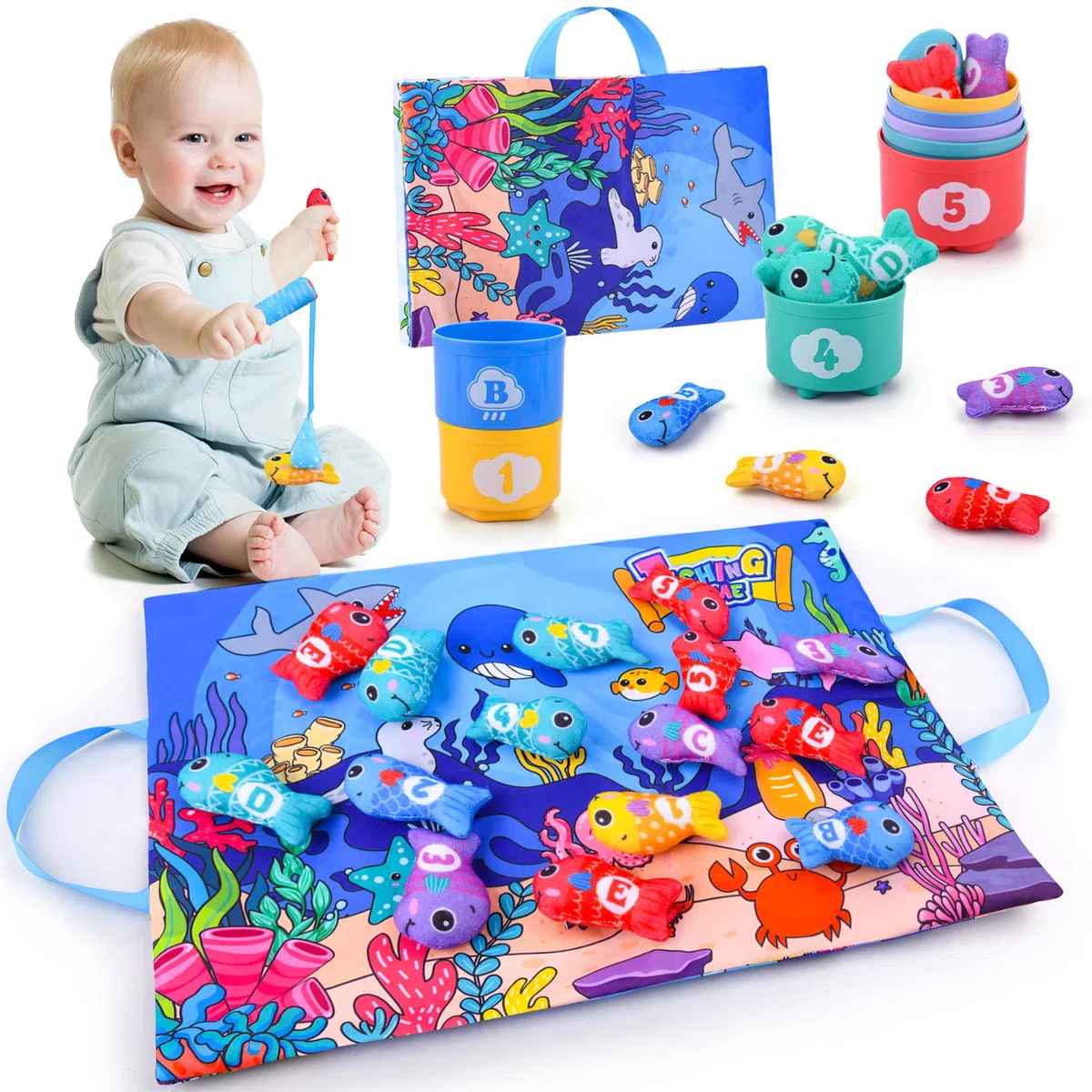 Giochi Montessori 1 2 3 Anno,Gioco Pesca Bambino con 15 Pesci Morbidi,20 PCS Gioco Bambino Colorato Giocattolo Educativo per 12-18 Mesi,Regali per Bambini 1 2 Anni