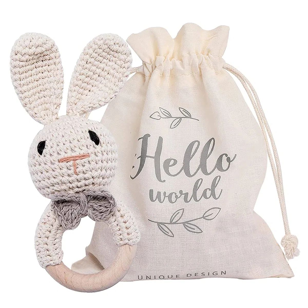 Youuys Giocattolo Sonaglio Neonati in Legno, Con Suono, Massaggiagengive All'uncinetto, Giochini Dentizione Neonati, Animali Morbidi Giocattoli, Regalo per Neonati Bambini (Coniglio)