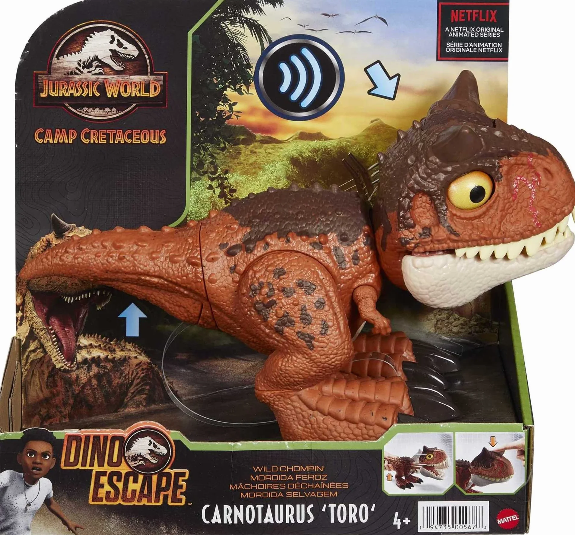 Jurassic World- Camp Cretaceous Morso Selvaggio Personaggio Carnotauro Toro Snodato, Giocattolo per Bambini 4+Anni, HBY85