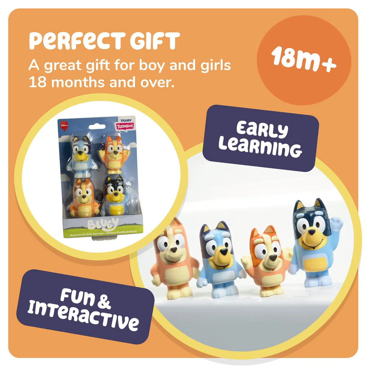 Toomies Bluey Squirter - Set di 4 giocattoli da bagno con bluey, bingo, mamma e papà, divertimento per bambini piccoli, progettato per mani piccole, promuove capacità motorie, giochi creativi, a