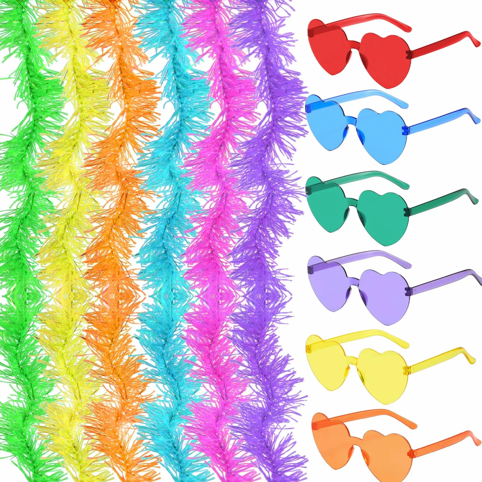 GWAWG 6boa di piume colorate con 6 occhiali da sole senza cornice, boe artificiali soffici per travestimento da donna, per bomboniere, carnevale, Halloween (12 pezzi)