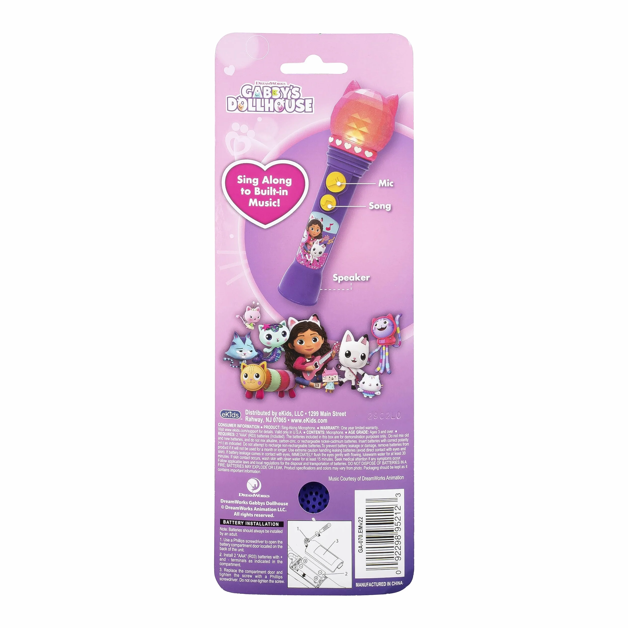 ekids KIDdesigns - Microfono per casa delle bambole di Gabby, per bambini, con microfono funzionante reale, con luce lampeggiante a LED e altoparlante, giocattolo portatile per karaoke
