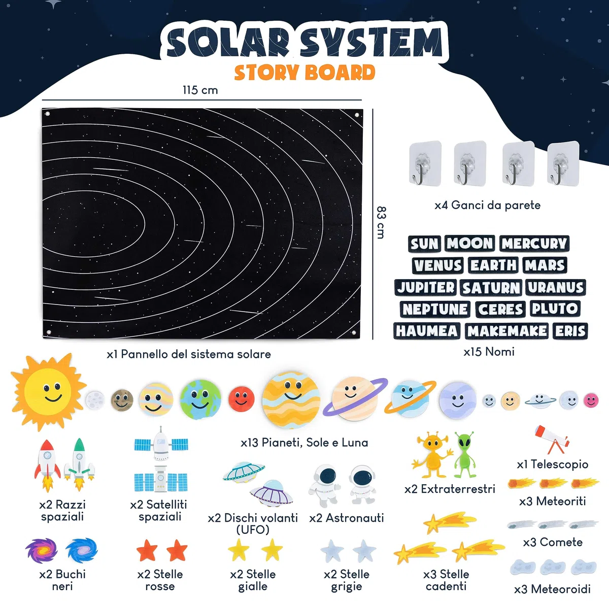 BONNYCO Sistema Solare per Bambini con 61 Figure in Feltro. Pianeti Sistema Solare Bambini, Giochi Bambino Bambina 3 4 5 6 7 8 Anni. Planetario Giochi Educativi Montessori, Regalo Giocattoli Natale