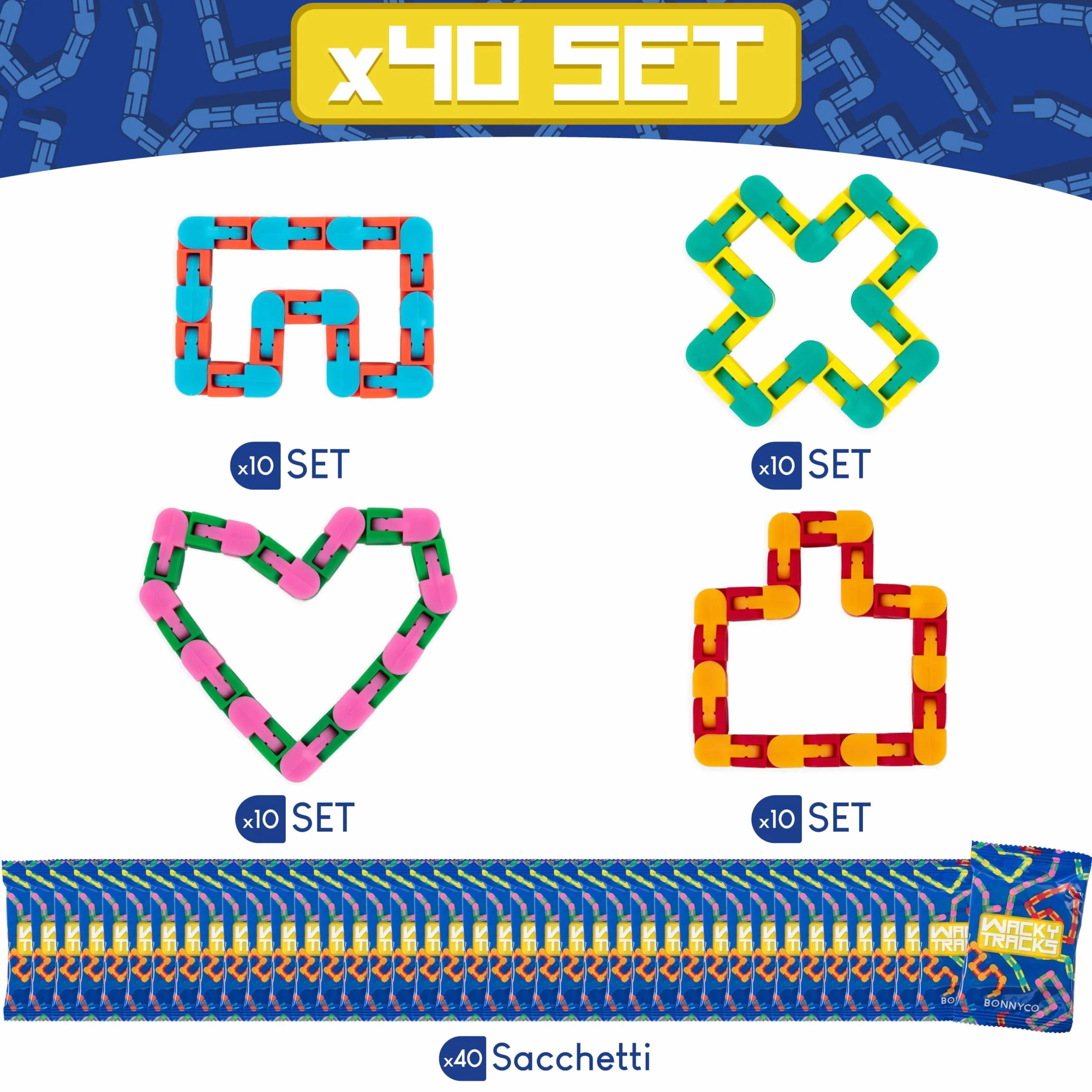 BONNYCO Wacky Tracks Confezione da 40 Catene Click 27 cm Antistress per Bambini 3-12 Anni. Gadget Compleanno Bambini, Fidget Toys, Regalini di Classe e Giochi Sensoriali Autismo