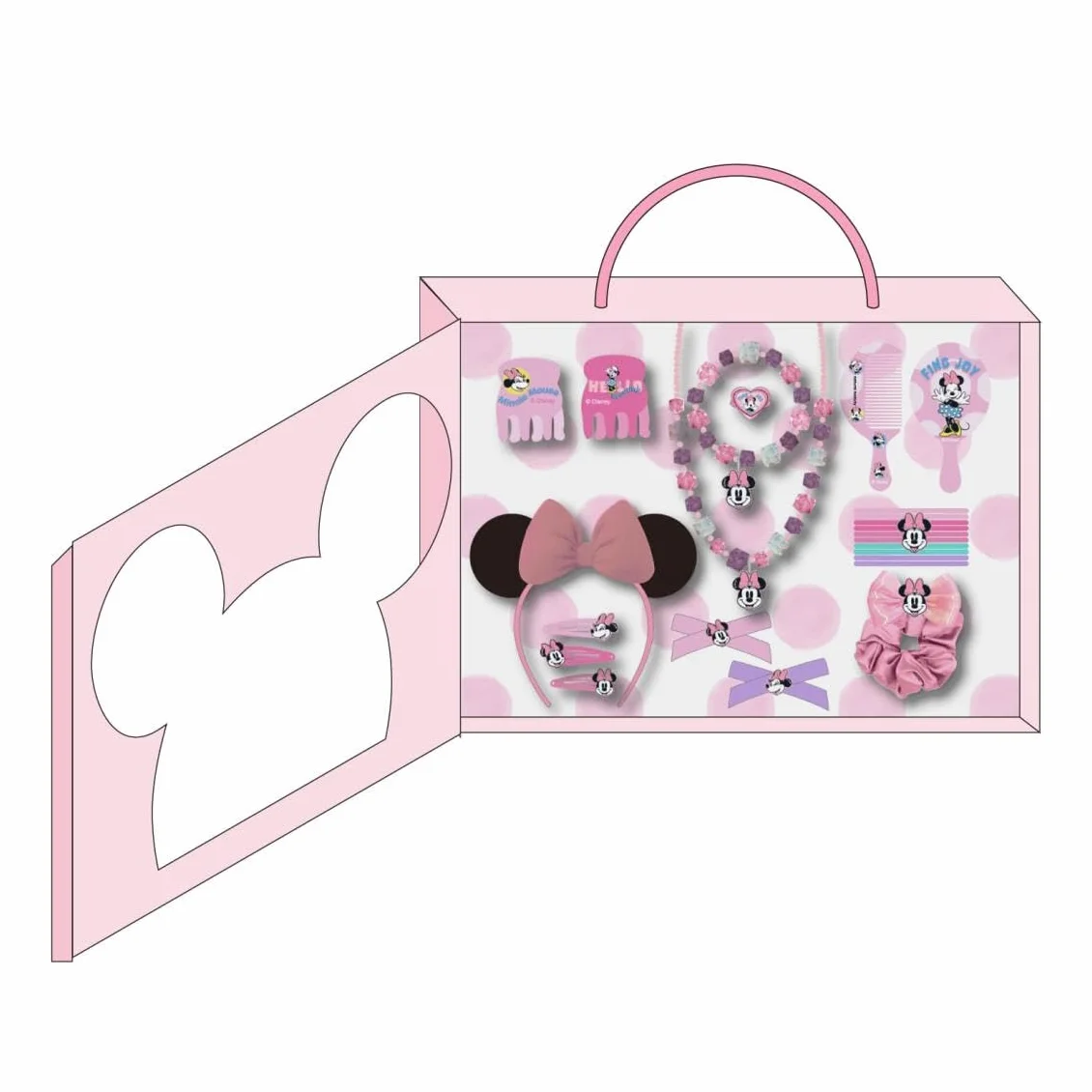 Set di bellezza di Minnie Mouse - Include 1 elastico in tessuto, 10 elastici, 2 pinzette, 3 forcine, 2 spazzole, 1 fascia, 1 collana, 1 bracciale e 1 anello - Prodotto originale progettato in Spagna