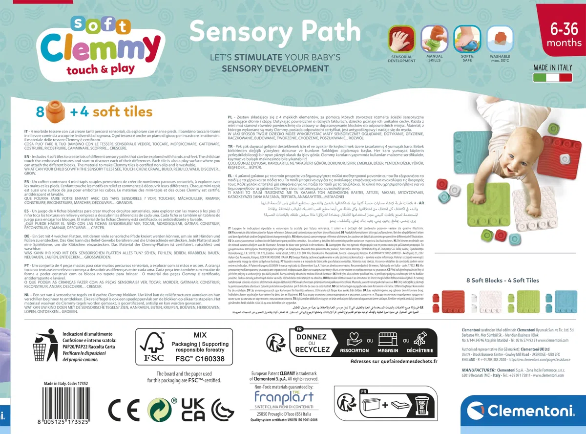 Clementoni Soft Clemmy - Touch & Play, Percorso Sensoriale, Tappeto Bambini 10-36 Mesi con Mattoncini 100% Lavabili, Gioco Prima Infanzia Made in Italy, per Sviluppare la Percezione Tattile, 17352