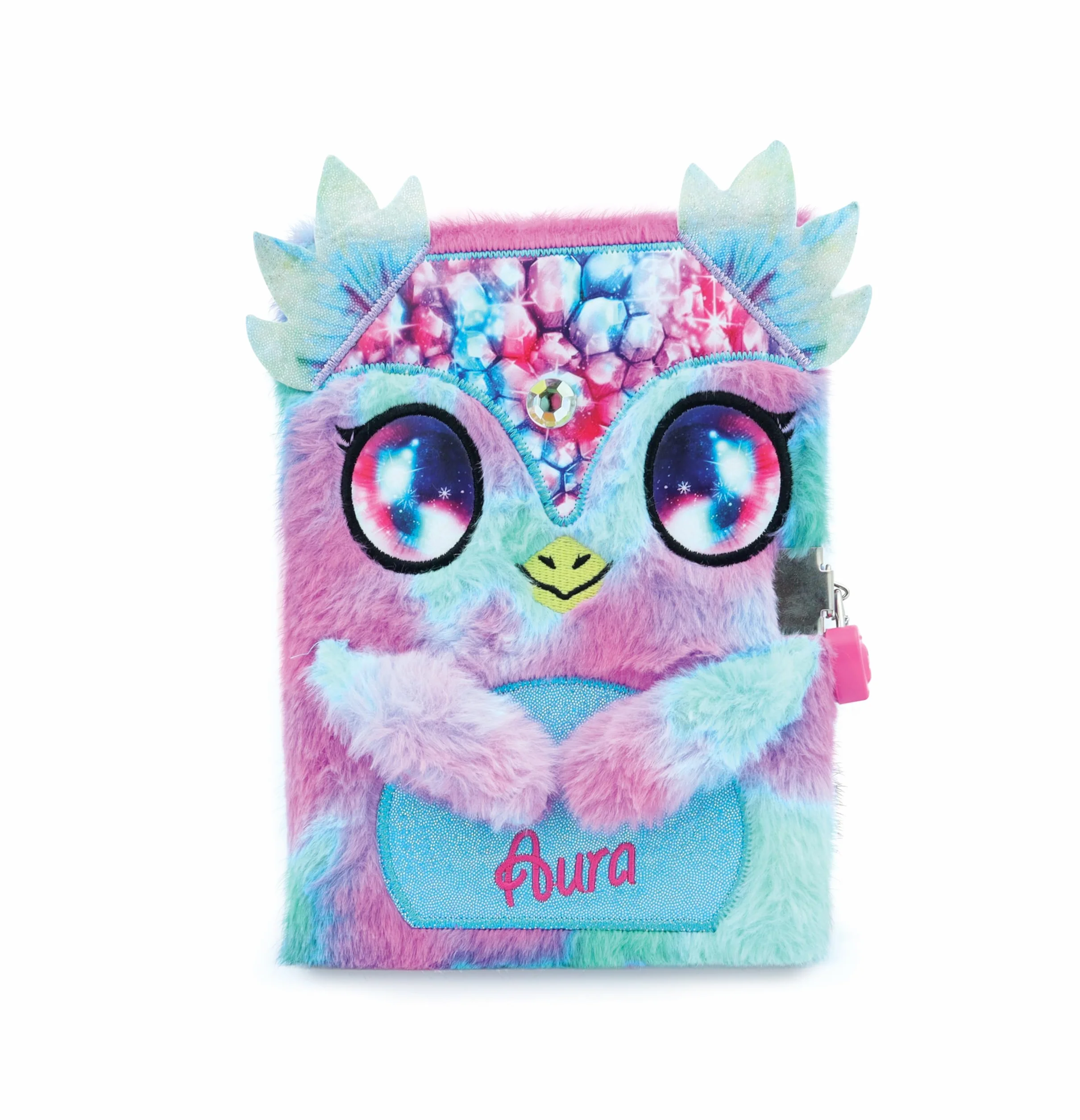 Nebulous Stars 12511 - Diario di Peluche Aura, 21 x 16 cm, diario in Blu/Rosa con Chiusura a Cuore, con Simpatico Disegno di Animali Soffici, con Unicorno, Pietre preziose e Occhi di Galassia