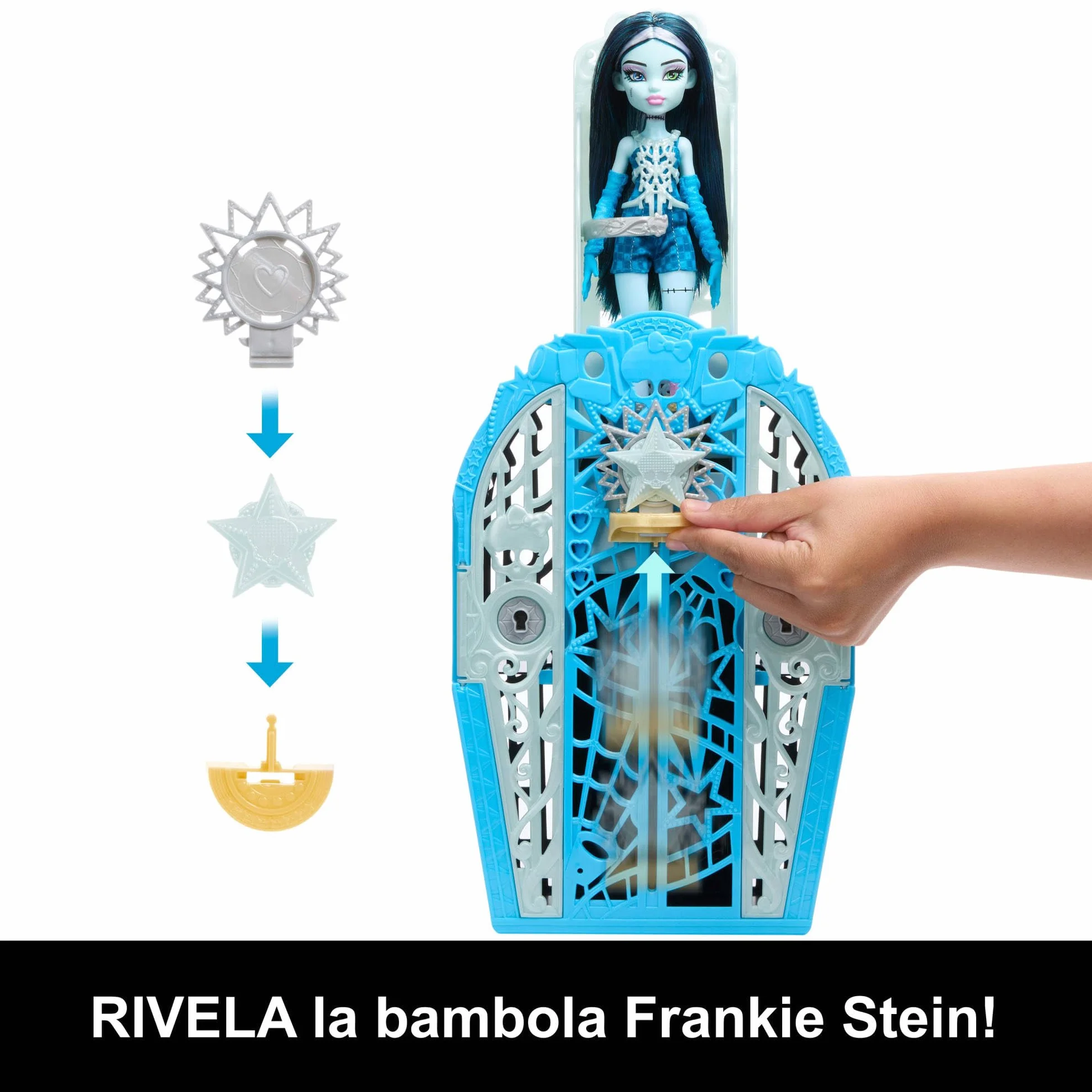 Monster High Segreti da Brivido - Frankie Stein I Misteri di Hauntlywood, bambola con abiti, guardaroba e 19 accessori glamour a sorpresa inclusi, giocattolo per bambini, 4+ anni, JBG81