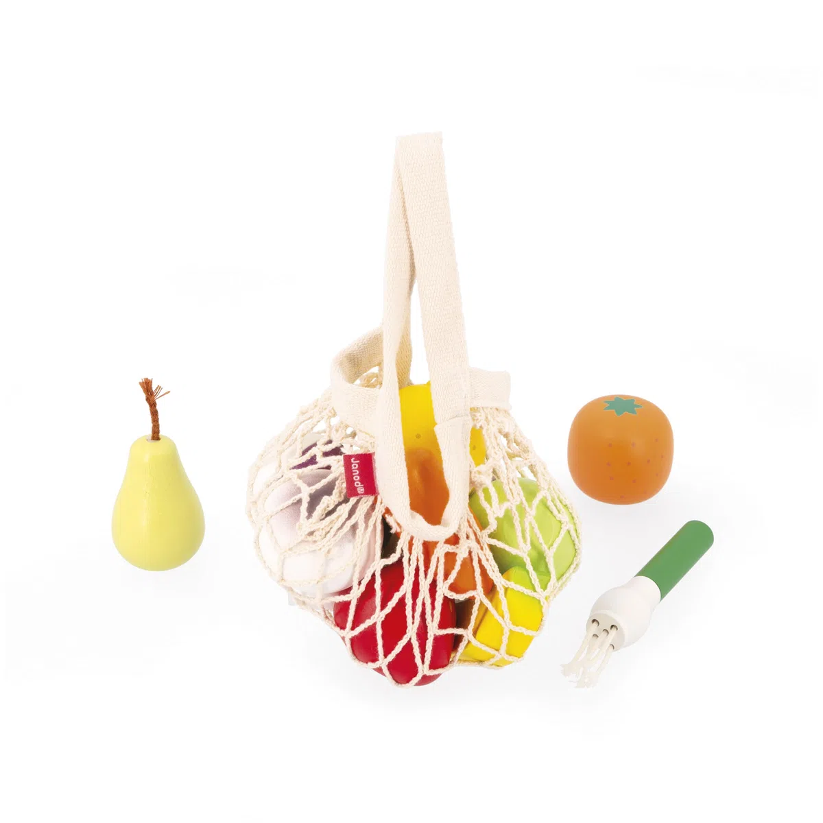 Janod Filet de 12 Fruits et Légumes, Sacca in Stoffa, Panier d'imitazione, Complemento Ottime per la Cucina Infantile e da Tavolo, A Partire da 3 Anni, J06639