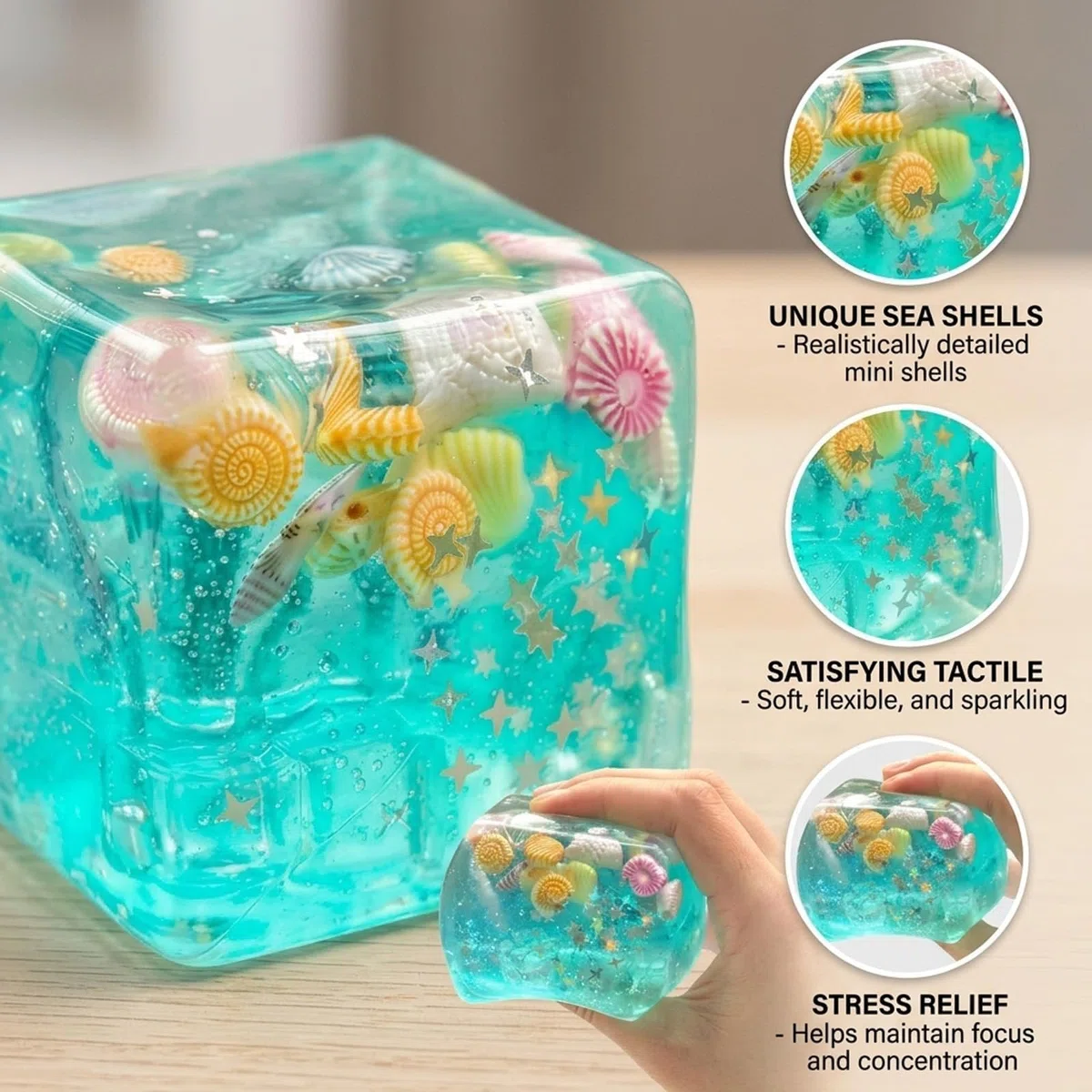 2 cubetti di ghiaccio Squishy, bel cubo per messa a fuoco, conchiglia in riva al mare per adulti, supporto per la concentrazione di scrivania e aula