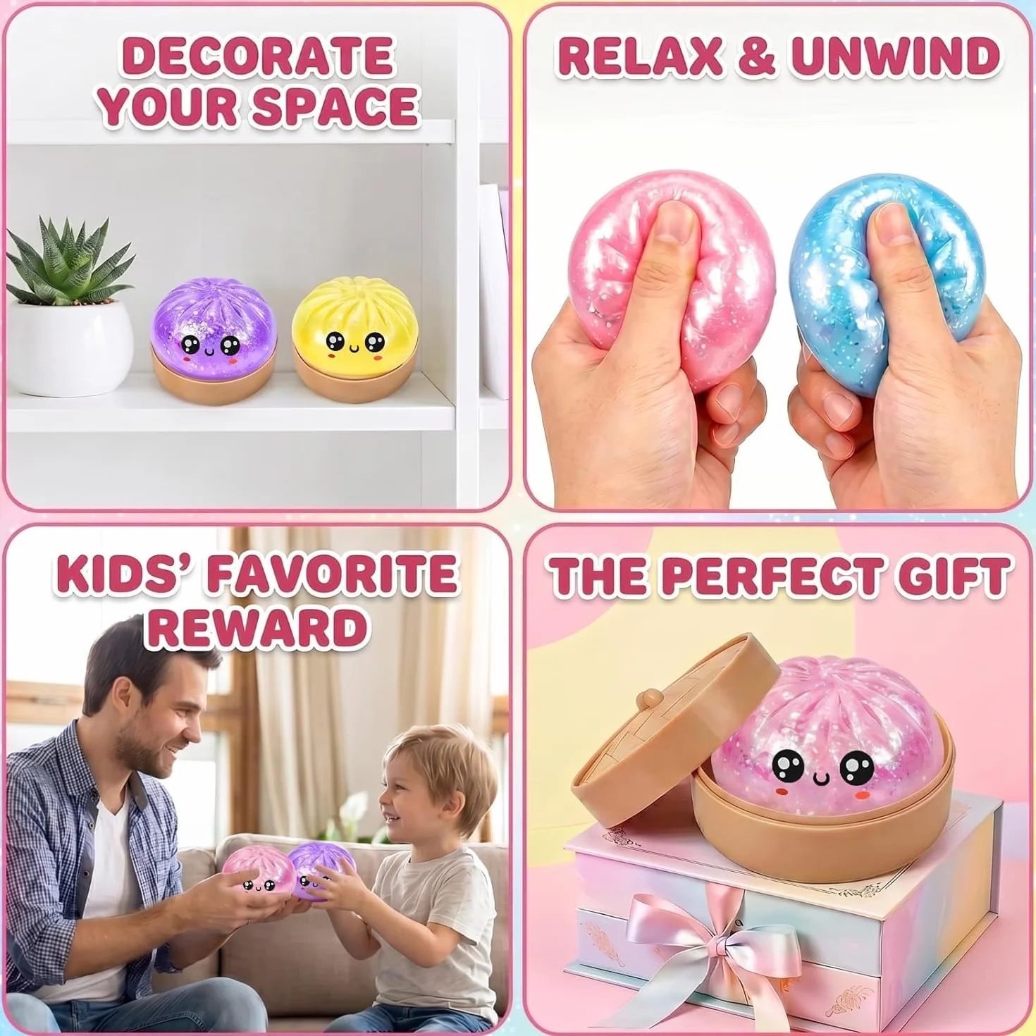 Mystery Squishy Dumplings 2 Pacchi Giganti con Glitter e Vaporiera – Giocattoli Sensoriali Soft Slow-Rise, Regalo Antistress, Idea Divertente per Bambini e Collezionisti, senza duplicati