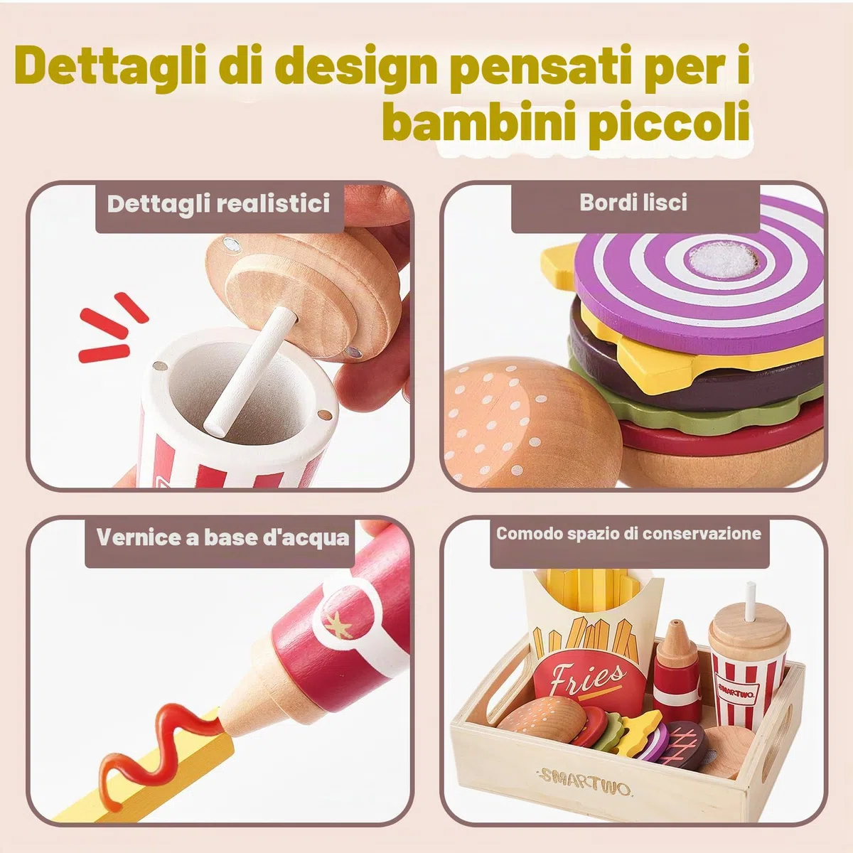 Cibo Giocattolo per Bambini, Set di Legno per Hamburger e Patatine Fritte, Fast Food Playset, Alimenti Finto, Accessori Cucinetta, Giochi in Cucina per 2 3 4 5 6 Anni, Regalo Bambino