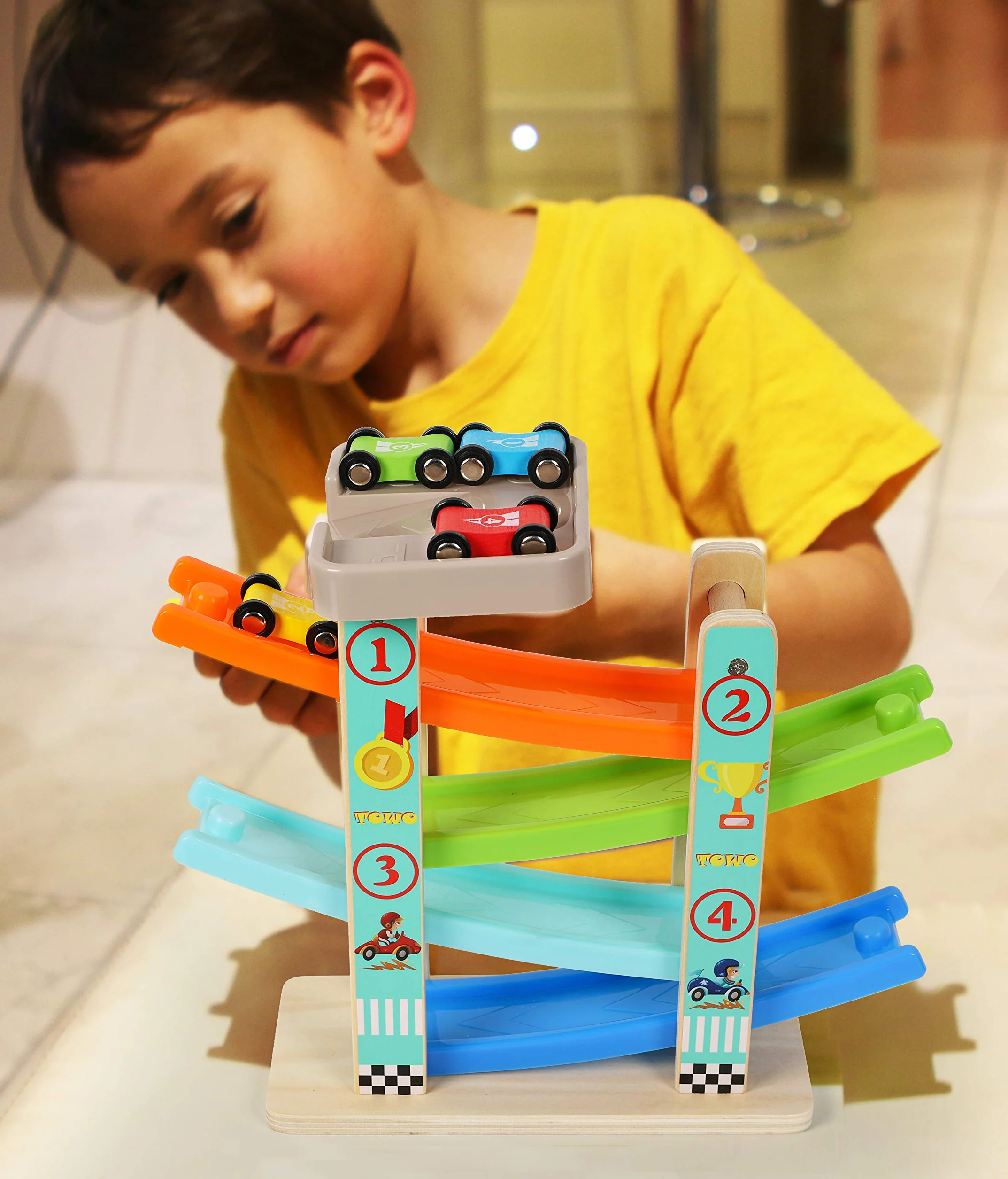 TOWO Pista per Auto in Legno -Rampa Auto Click-Clack con 4 Macchinine da Corsa in Legno per Bimbi Parcheggio sul Tetto e Piste a Zig-Zag - Giocattoli di Legno per Bambini di 1 2 3 4 Anni