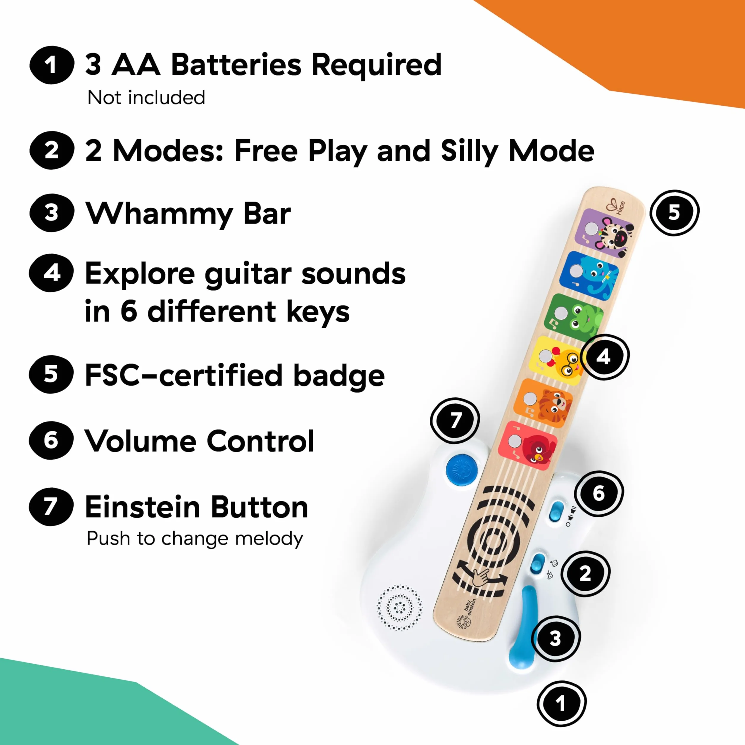 Baby Einstein, Hape, Chitarra Elettronica, Strum Along Songs Magic Touch, Giocattolo Musicale in Legno, 2 Modalità di Gioco, Strumenti Musicali per Bambini, dai 6 Mesi+