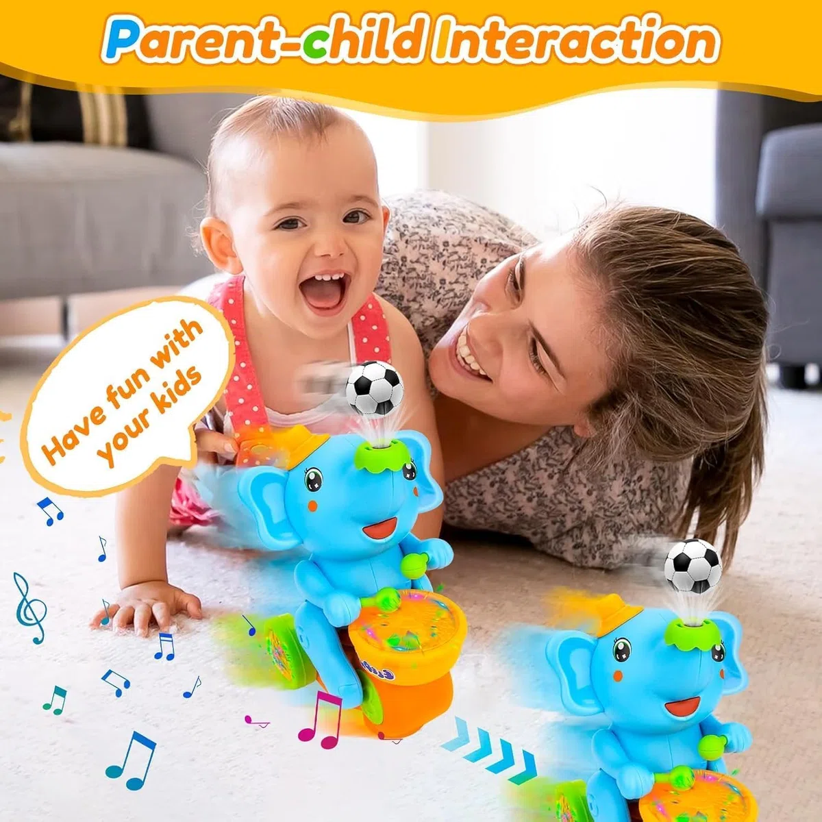 Giocattolio musicale dell'elefante che cammina con tamburi e luci LED, giocattolo interattivo per bambini con suoni, giocattolo mobile per elefanti per bambini piccoli, giocattolo educativo precoce