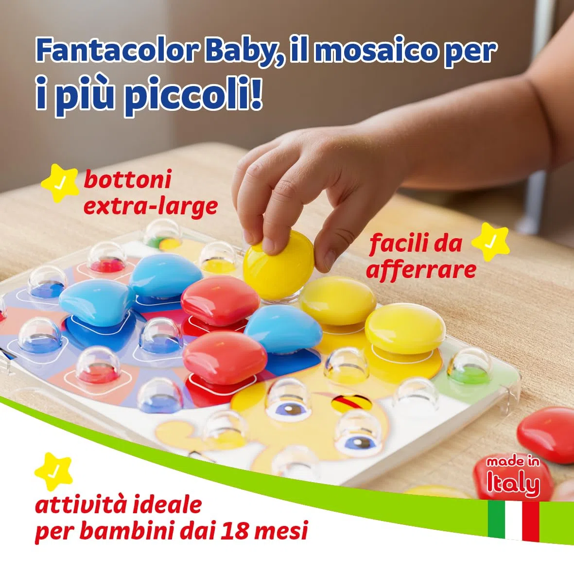 Quercetti FantaColor Baby Gioco Educativo per Bambini 1-4 anni con Bottoni Colorati, Schede Mosaico Bambini e Tavoletta Trasparente, Giochi bambini 2 Anni, Regalo Bimba 1 Anno, Giochi Creativi 2 Anni