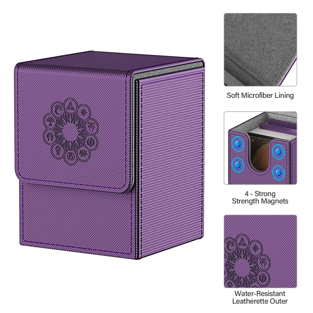Pulchra Scatola Box Porta Carte Capacità fino a 100+ carte, con 2 Piastra di Partizione, Magnetic Flip Deck Box (Elemental Design, Viola)