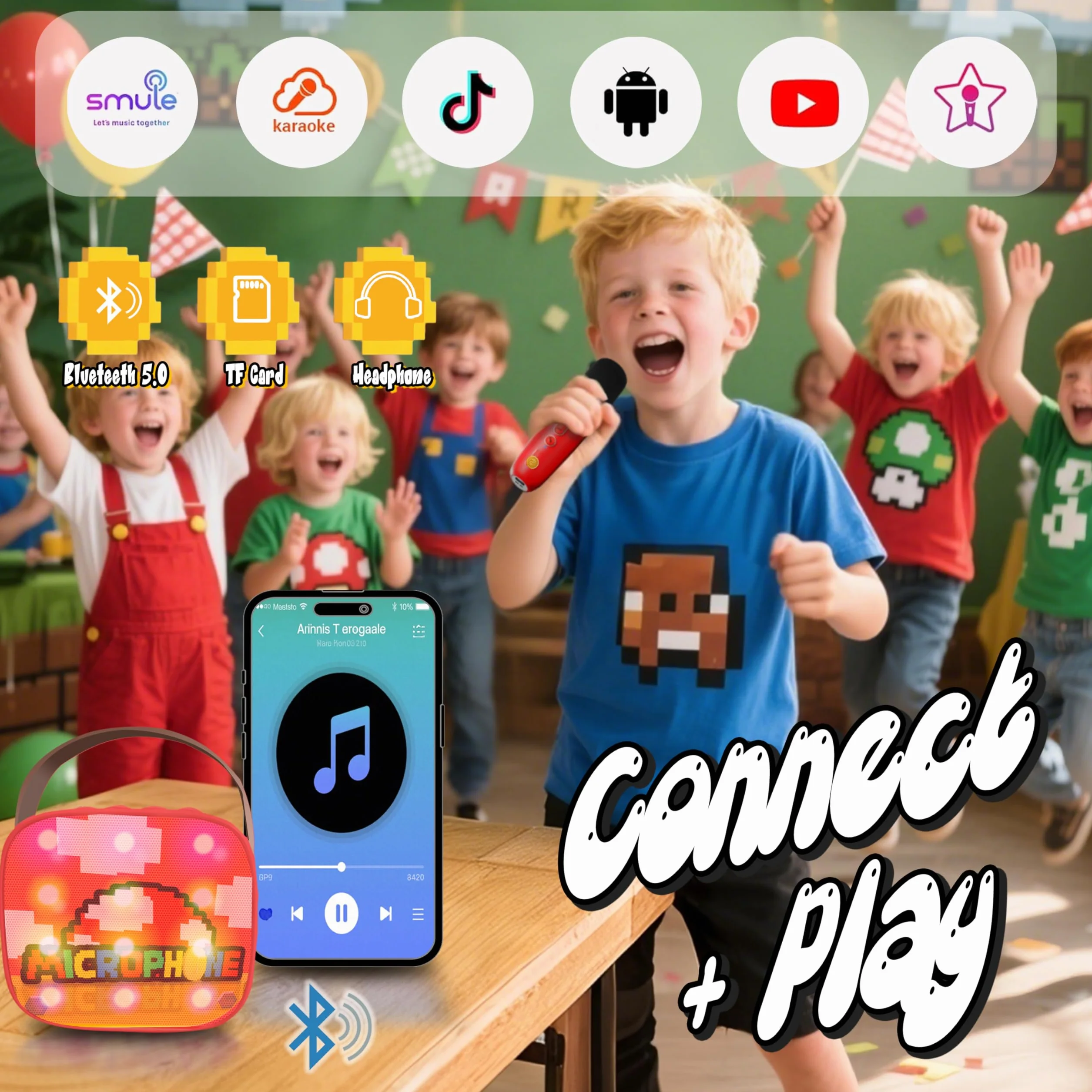 Karaoke per Bambini con 2 Microfoni Wireless Bluetooth, Giocattolo Musicale, Regalo Bambino 3-12 Anni