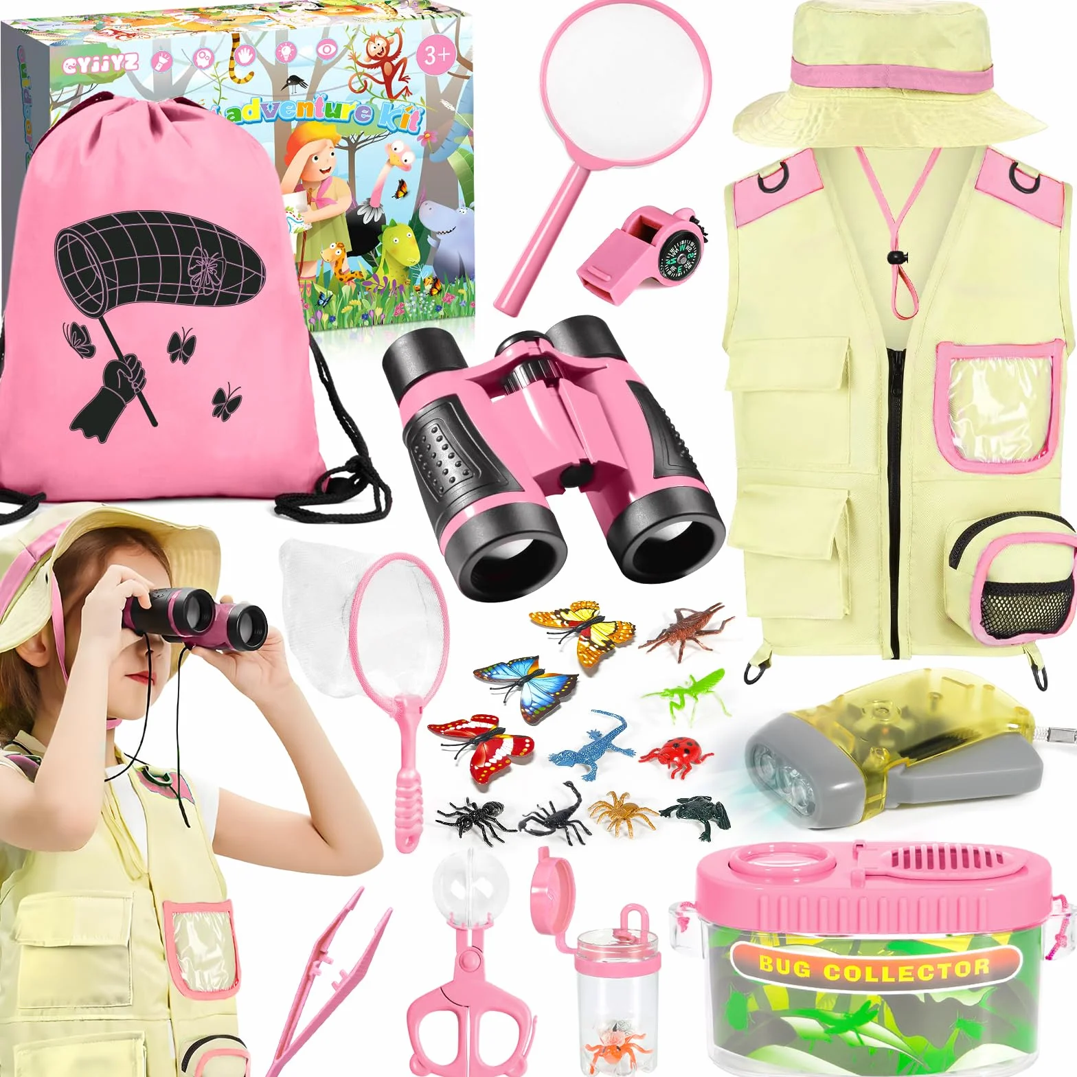 23 PCS Kit Esploratore Bambini, Set di Esplorazione per Bambini, Set Explorer Outdoor Giocattoli, con Binocolo, Cappello, Gilet, per età 3+, Anni, Kit di esplorazione Regalo (Rosa)