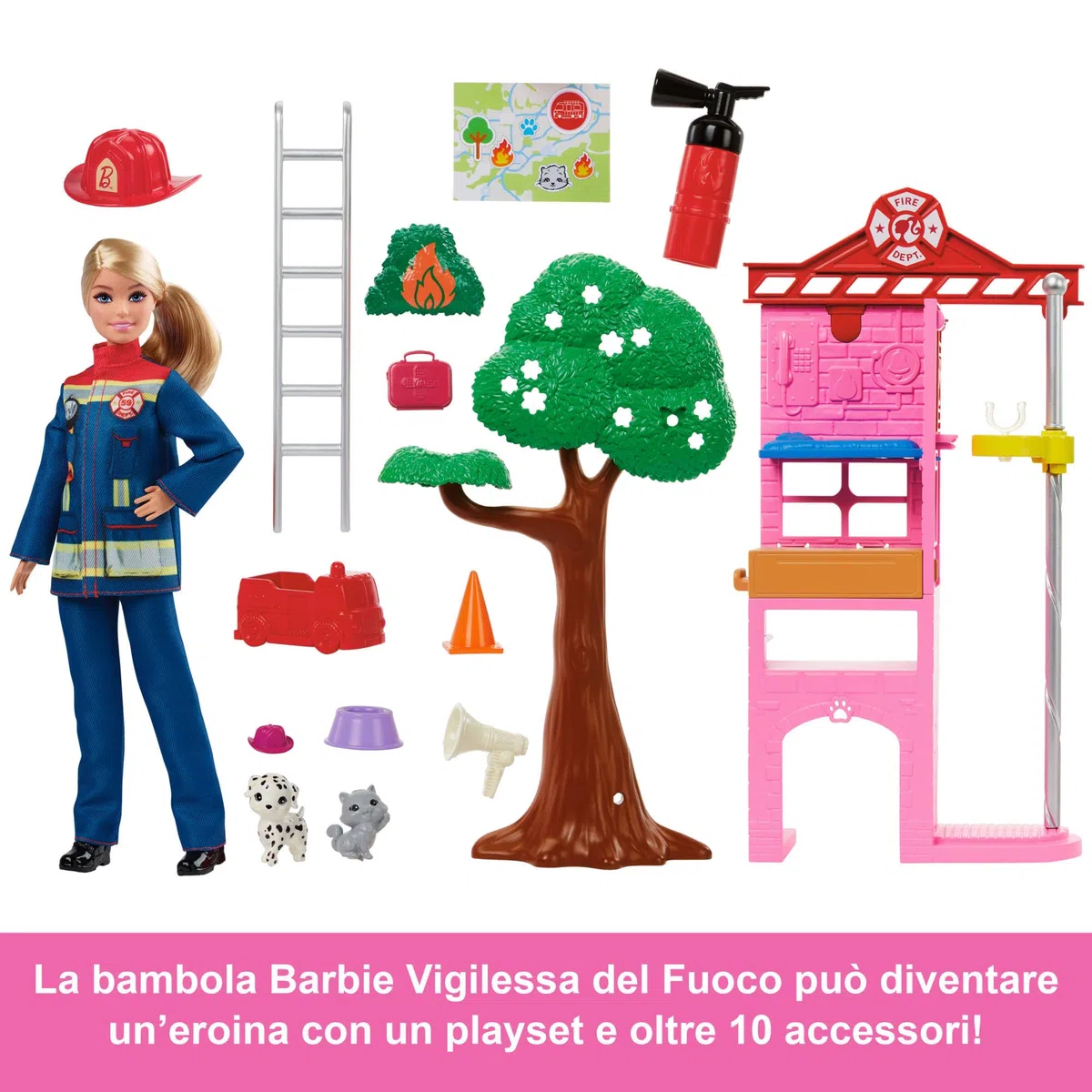 Barbie Carriere - Vigilessa del Fuoco, playset con bambola e caserma dei pompieri, include 2 cuccioli con effetto cambia colore, un albero e 10 accessori, giocattolo per bambini, 3+ anni, HRG55