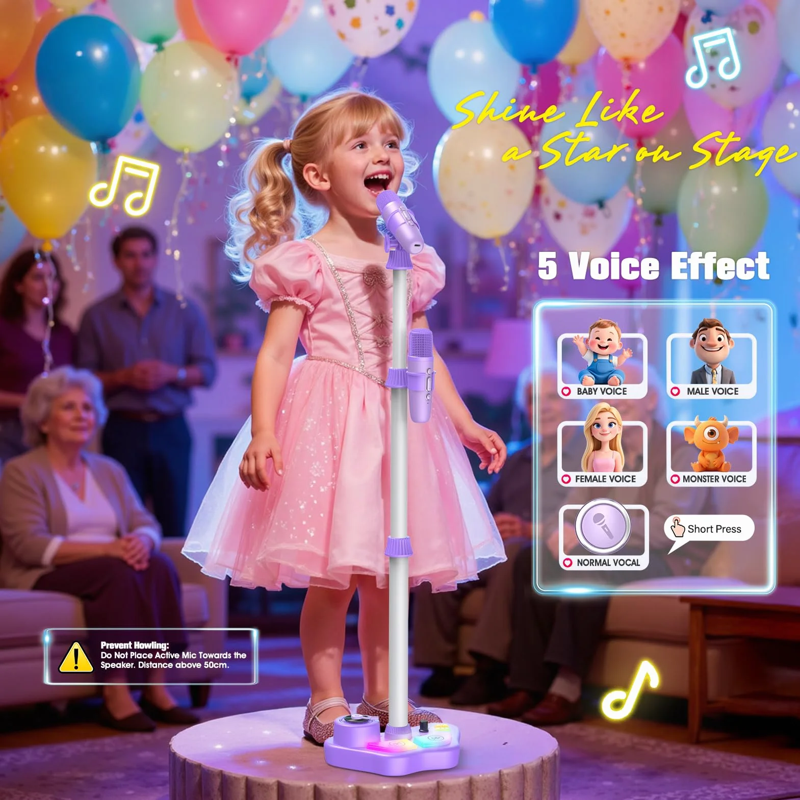 Microfono Karaoke per Bambini con Supporto, 2 Microfoni Wireless, Luci Colorate, Bluetooth, USB, AUX, TF Card, Altezza Regolabile 47-108 cm