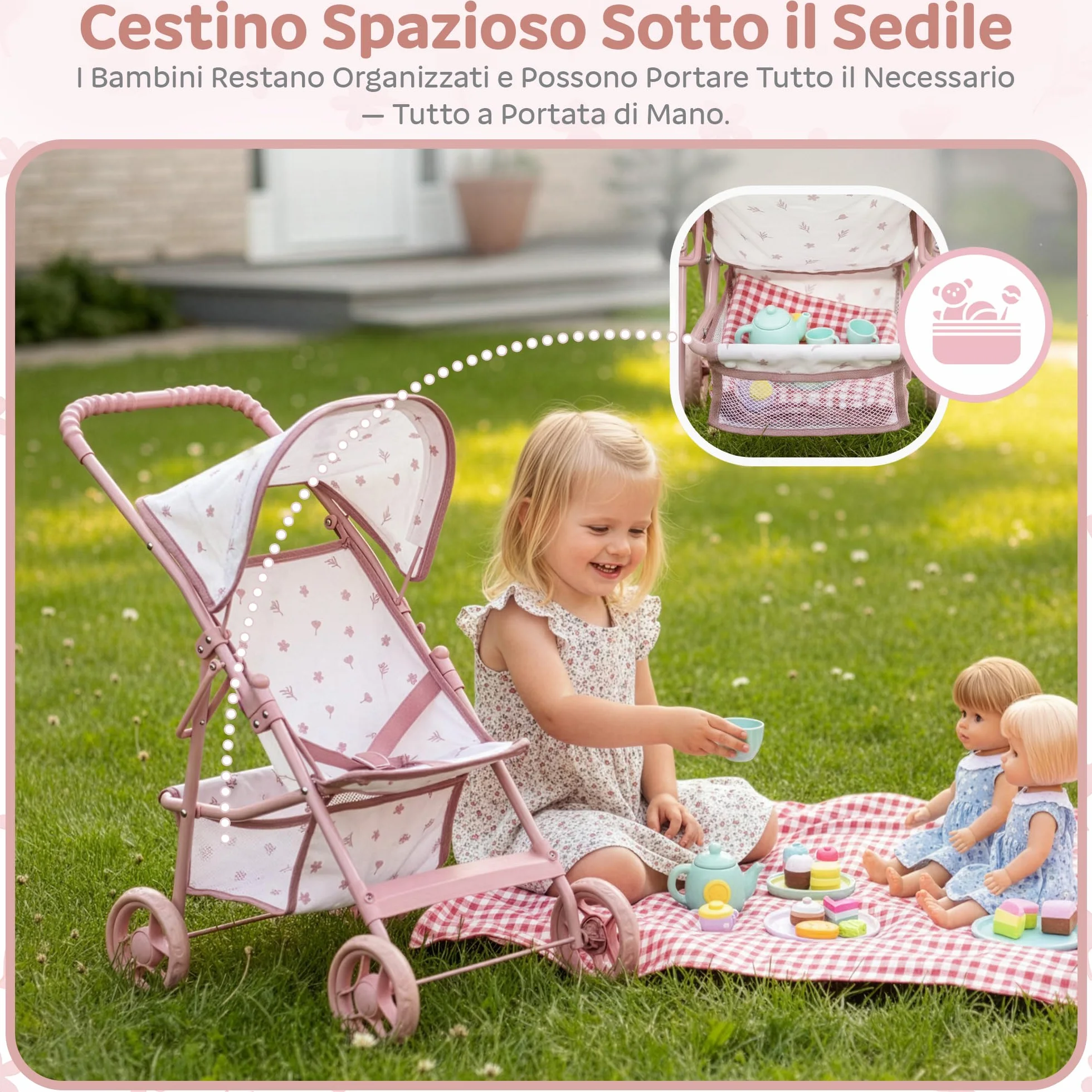 Kinderplay Passeggino per bambole dai 3 anni in su - Passeggino leggero e pieghevole, con ruote in EVA, cinghia e tettuccio, colore rosa