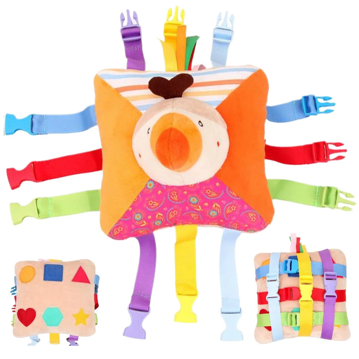 Giocattoli da Viaggio per Bambini con 6 Paia di Fibbie, Giocattolo educativo in Peluche a Forma di con Figura Geometrica e Suono Tascabile, attività motorie Fini per Bambini