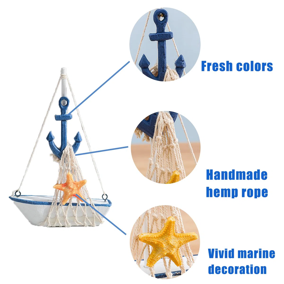 2 Pezzi Decorazione Nautica, Legno Ornamenti Barca, per Delle mare Sulla Spiaggia Modello Barca vela legno con rete pesca, barche a vela in legno e metallo