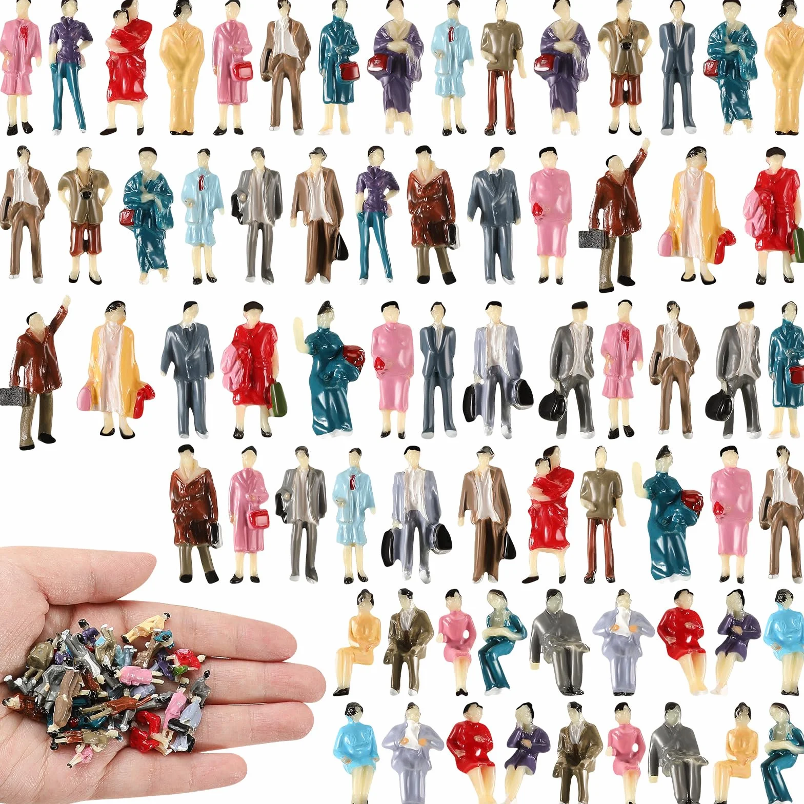 Namalu Scala 1: 87 Ho Set di Figurine di Mini Persone Modello di Minuscole Dipinte Figure di Piccole Persone in Miniatura di Plastica Sedute e in Piedi(50)