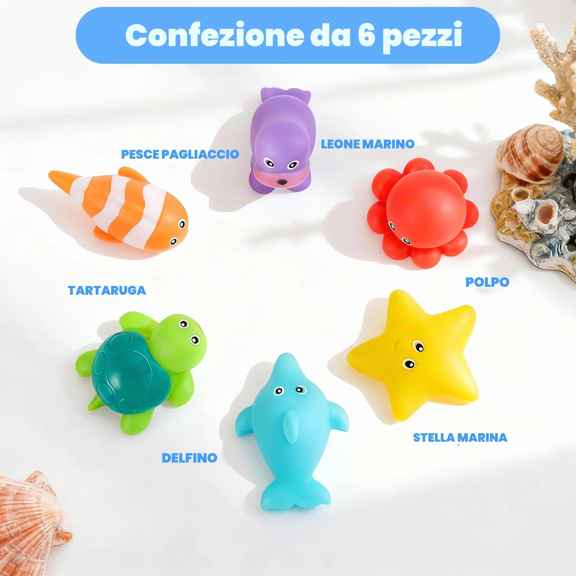 JOYIN - 6 Giocattoli da Bagno Animali Marini, Sigillati senza Fori & Antimuffa, Giocattoli d'Acqua Morbidi e Atossici per Bambini, Spremibili e Galleggianti, Ideali per Vasca e Piscina