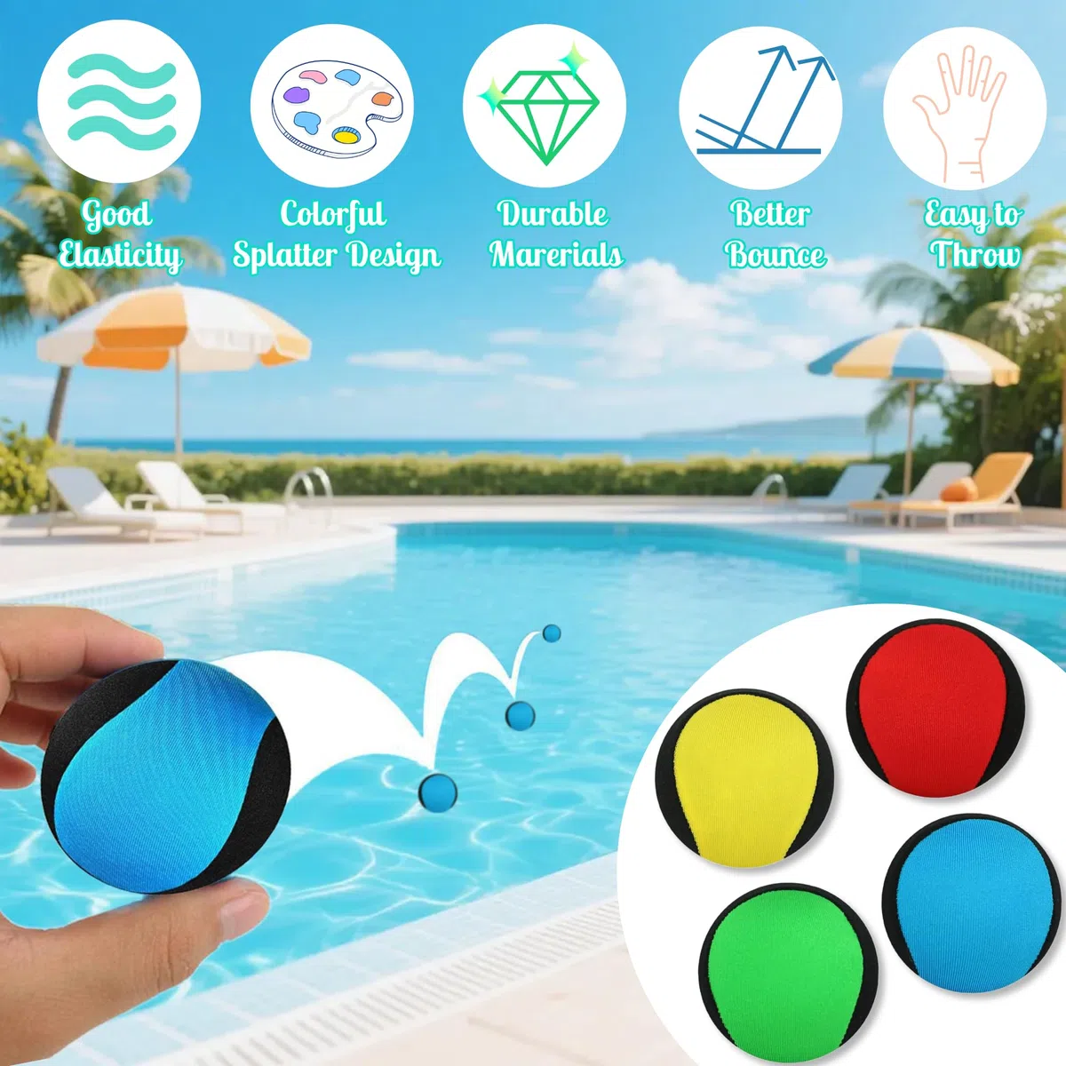 Chennyfun Palla Rimbalzante Acqua, 4Pz Palla Che Rimbalza sull'Acqua, Morbida Palla D'Acqua Ad Asciugatura Rapida, Giocattolo Acquatico ad Alte Prestazioni, Per Piscina, Spiaggia e Attività All'aperto