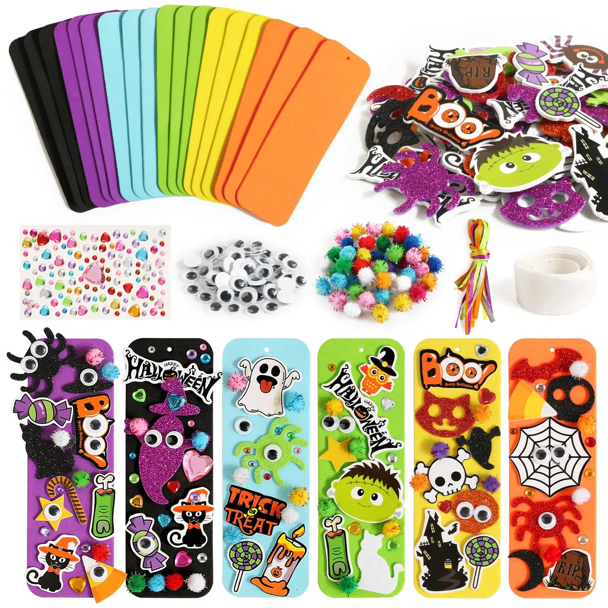 BOOMTOP 313pz Lavoretti Creativi Halloween per Bambini Artigianato Adesivi in Gommapiuma Schiuma Strass Pompom Occhi Googly Gadget Lavoretti Segnalibri Halloween per Bambini Artigianato Fai da Te