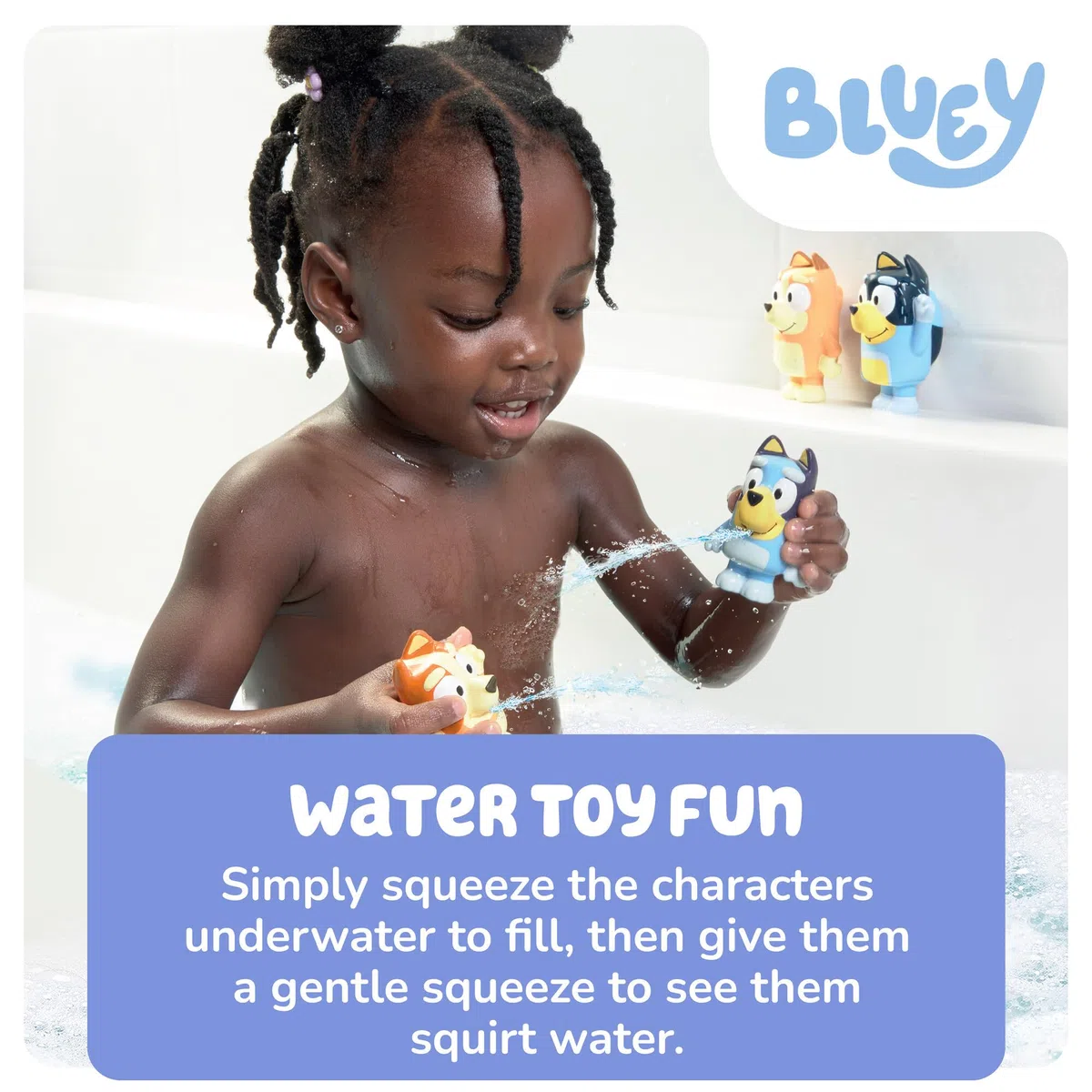 Toomies Bluey Squirter - Set di 4 giocattoli da bagno con bluey, bingo, mamma e papà, divertimento per bambini piccoli, progettato per mani piccole, promuove capacità motorie, giochi creativi, a