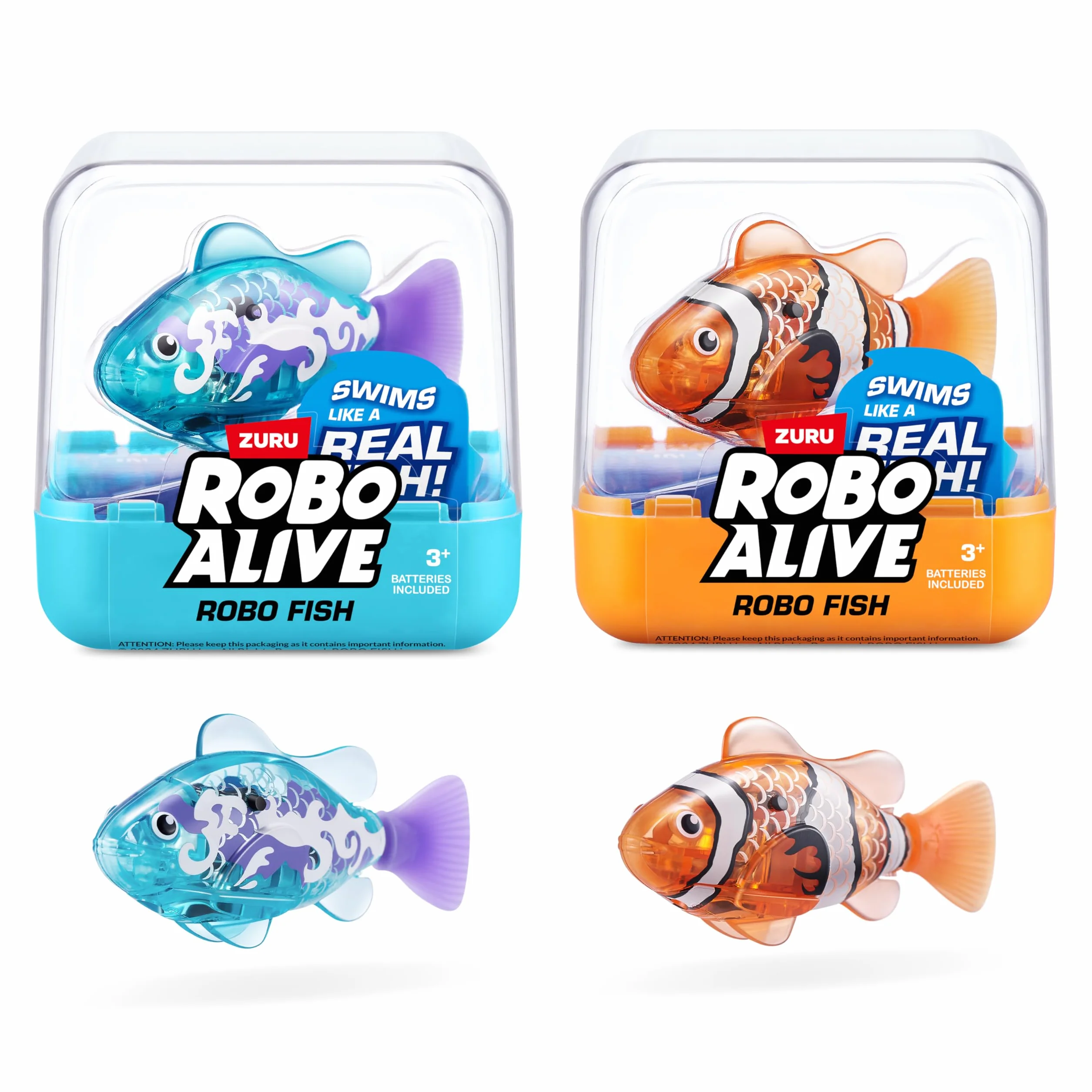 ROBO ALIVE Robo Fish Serie 3 Pesce Robot Giocattolo da Bagno 2 Pezzi Arancione Verde Acqua