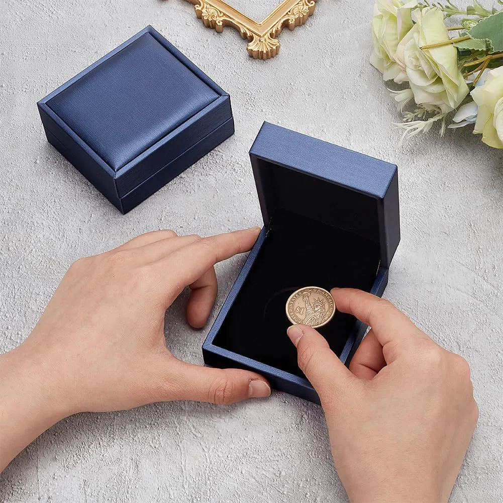 FINGERINSPIRE 2 scatole di presentazione di monete da 30 mm in acciaio blu rettangolare in similpelle con velluto per monete commemorative, medaglie, distintivi, confezione regalo