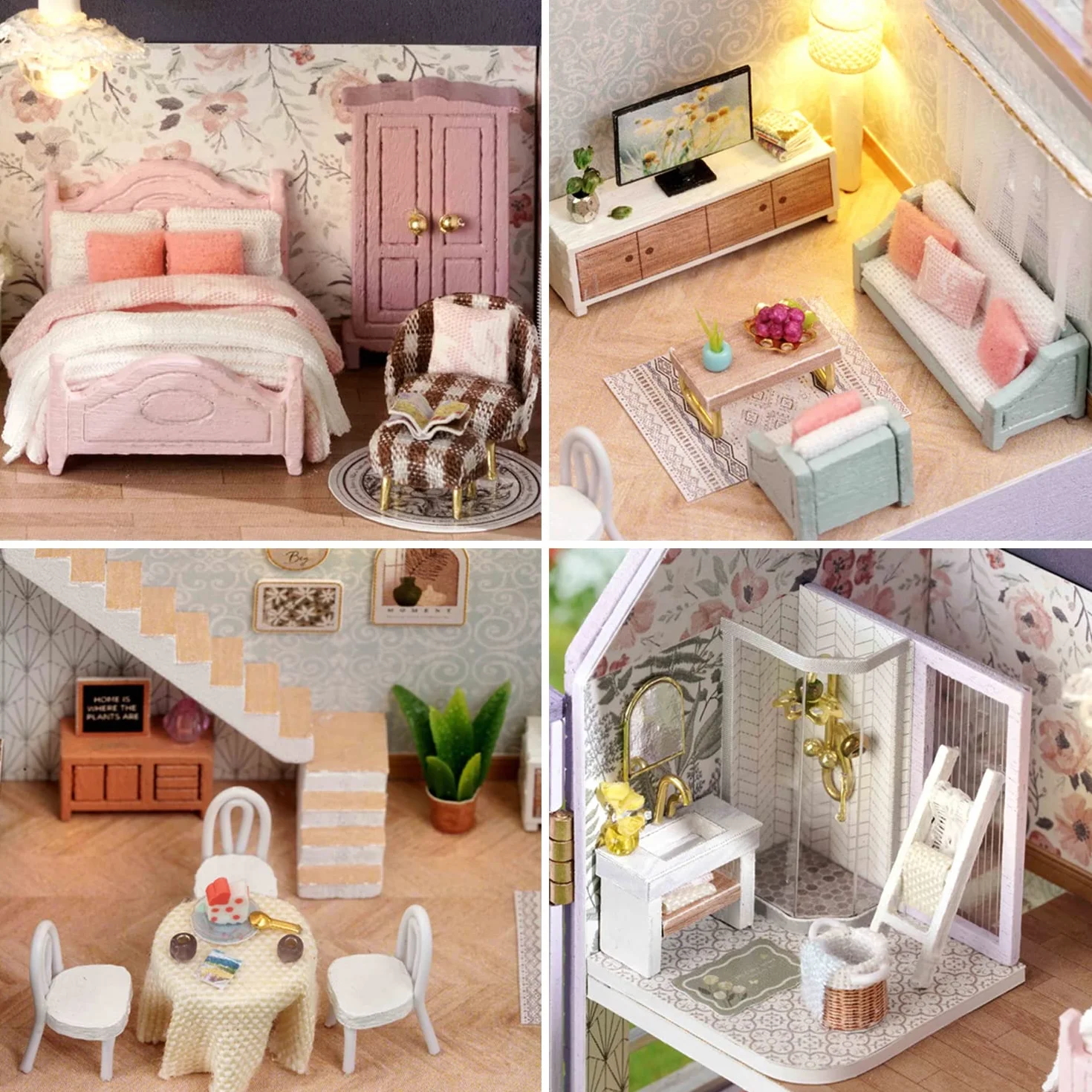 CUTEROOM Miniatura casa delle Bambole con mobili,Fai da Te in Miniatura Casa delle Bambole Kit,Mini 3D Casa in Legno con Luci A LED - Regalo di Compleanno di Natale (Happy House)