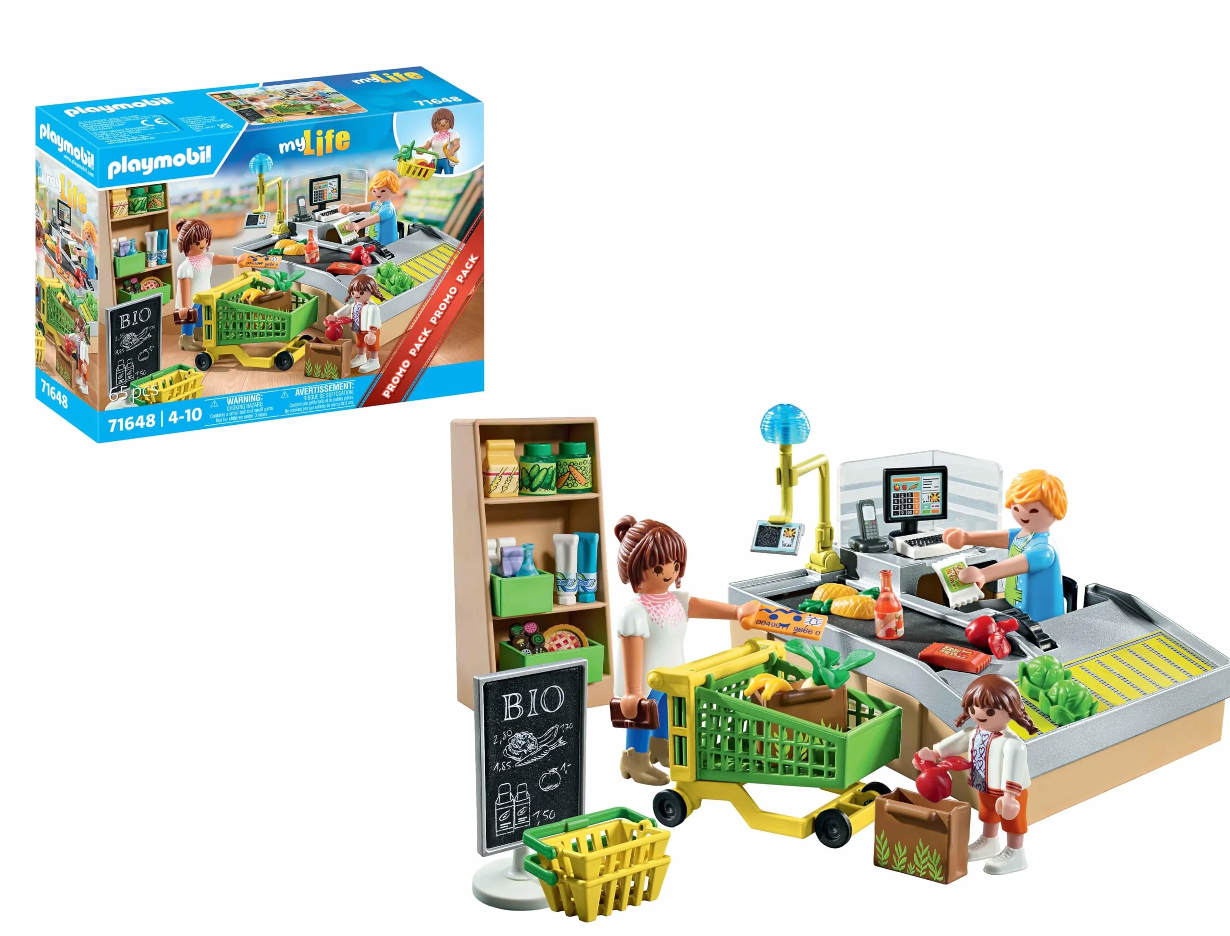 PLAYMOBIL MyLife Promo Pack 71648 Supermercato bio, con Cassa con Nastro trasportatore, Carrello della Spesa e Tre Personaggi, Giocattolo per Bambini dai 4 Anni in su