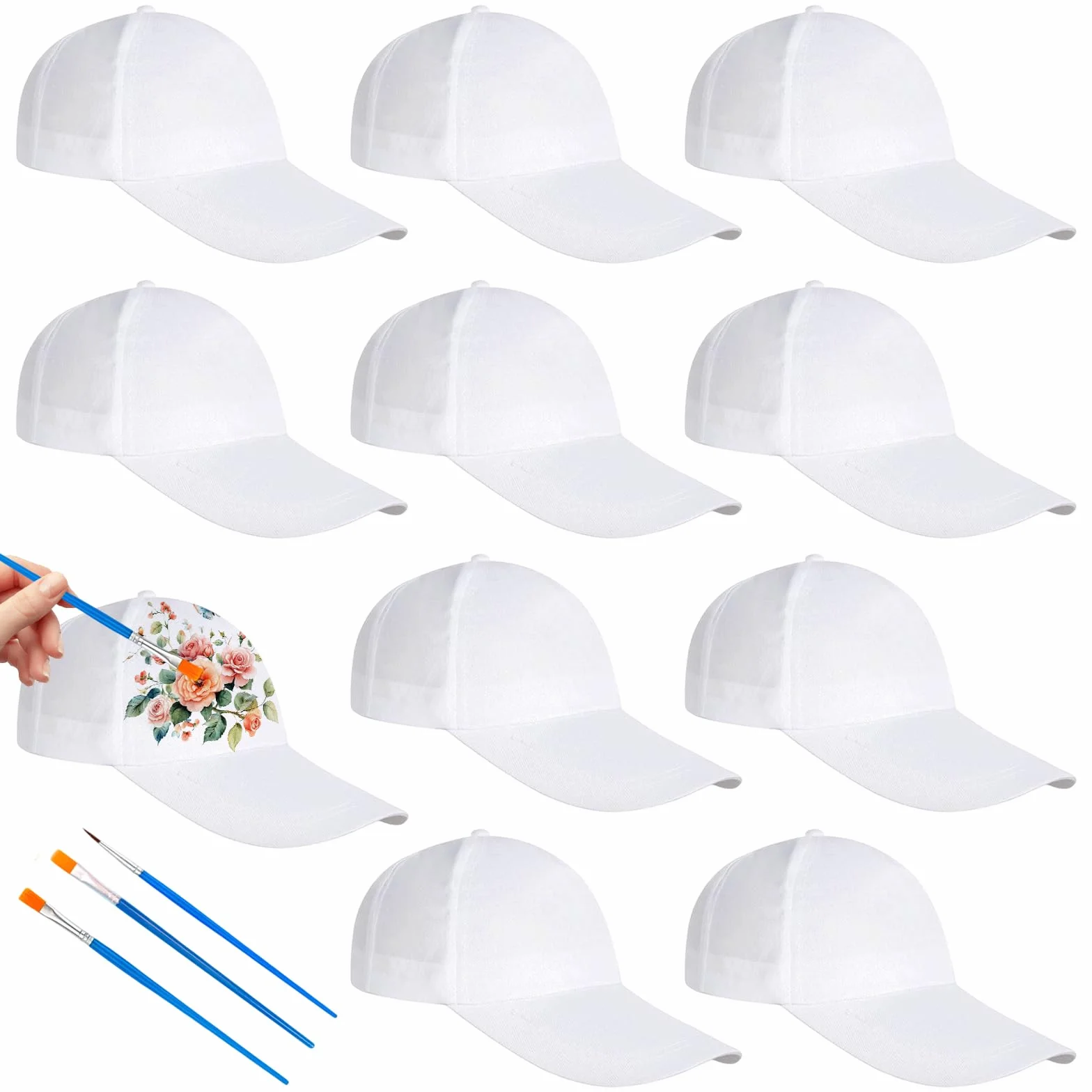 10 Pezzi Berretto Graffiti, Cappellini Baseball per Compleanno Bambini, Set Fai da Te Bambini, Berretti per Compleanno Bambini da Dipingere, Set Cappellini Baseball Fai da Te Bambini, Bianco
