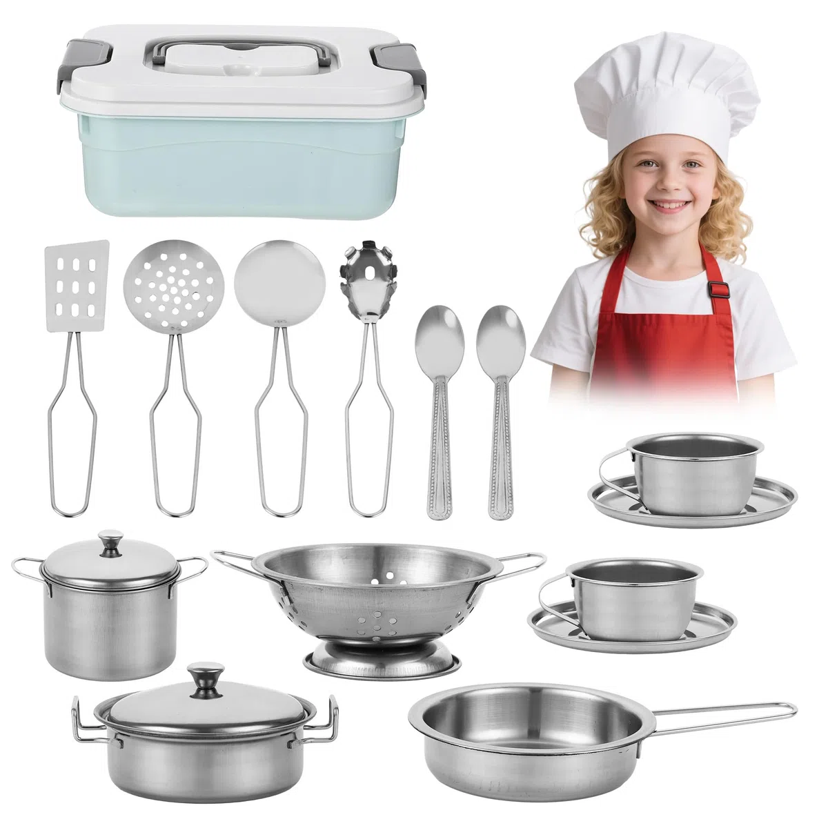 17 Pezzi Accessori da Cucina Per Bambini, Cucina Giocattolo , Set da Cucina per Bambini in Acciaio Inox – Accessori da Cucina Giocattolo per Ragazzi e Ragazze