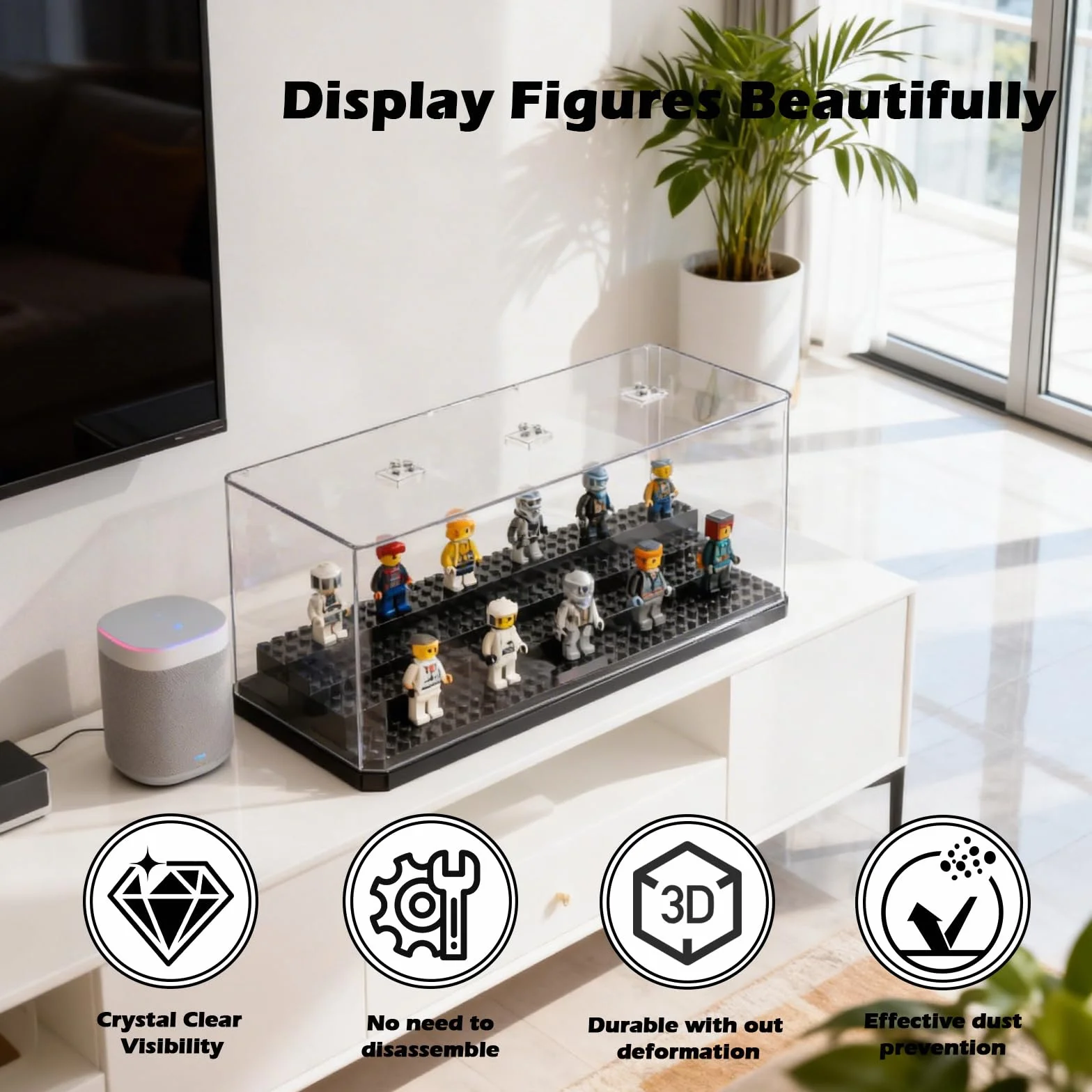 Vetrina Acrilica per Minifigures, 4 Strati Acrilico Impilabile Modelli Espositiva con Ripiani Rimovibili, Antipolvere Trasparente Giocattoli Scatola di Visualizzazione Collezione e Building Block
