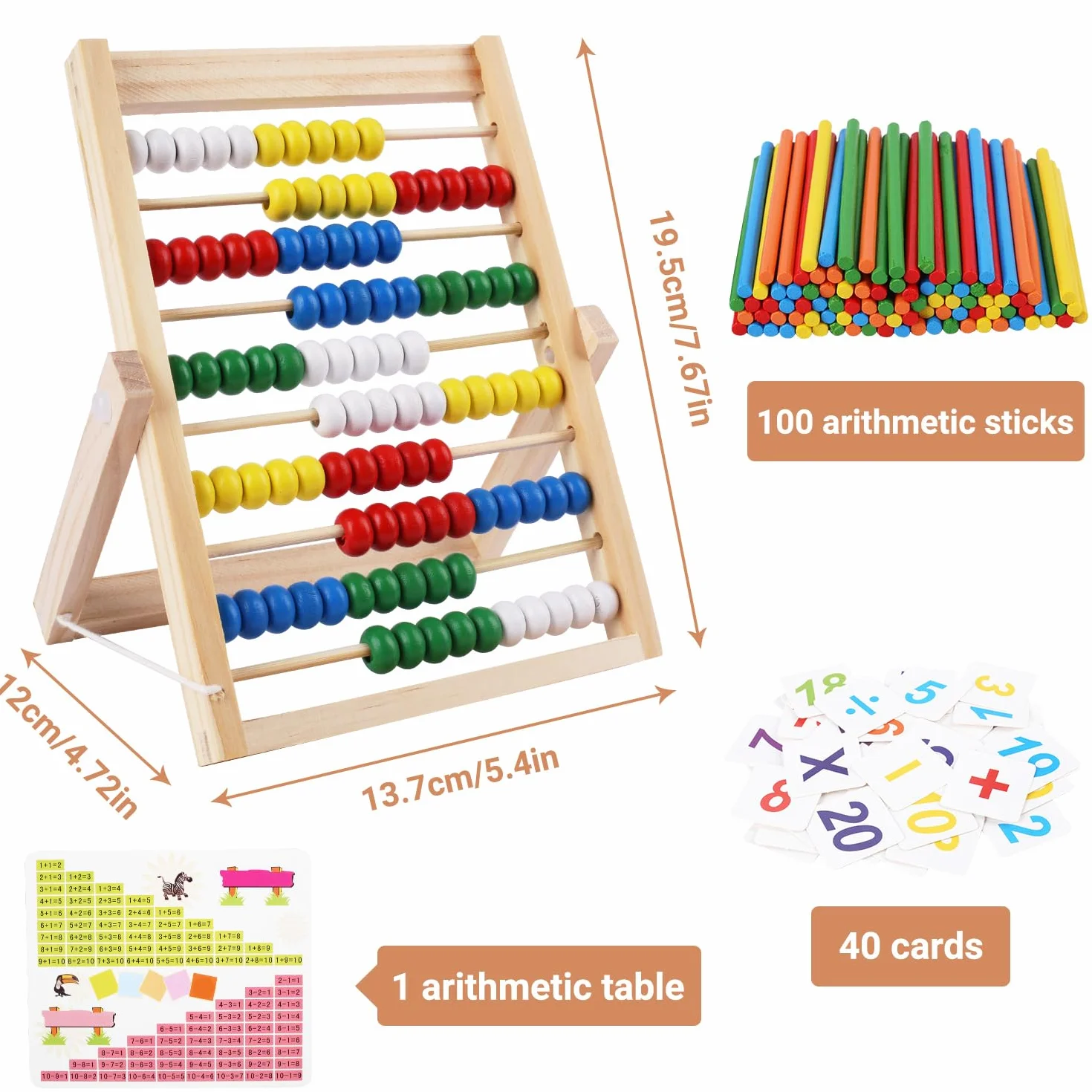 Pallottoliere per Bambini, Abaco Scuola Primaria, Abaco Legno Calcolatrice Gioco, Abaco Piccolo, Abaco Legno Montessori con 100 Bastoncini di Conteggio e Carte Numeriche