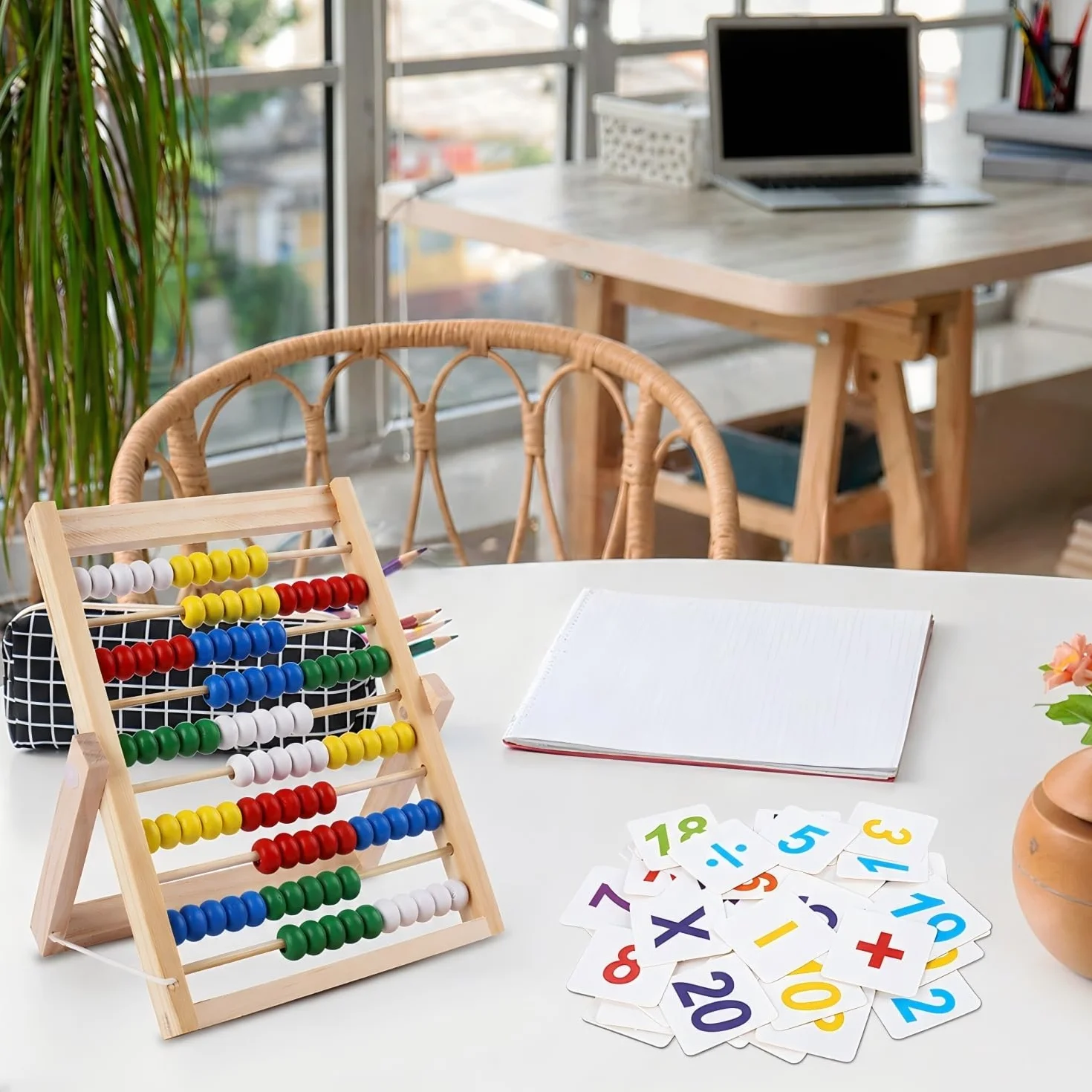Pallottoliere per Bambini, Abaco Scuola Primaria, Abaco Legno Calcolatrice Gioco, Abaco Piccolo, Abaco Legno Montessori con 100 Bastoncini di Conteggio e Carte Numeriche