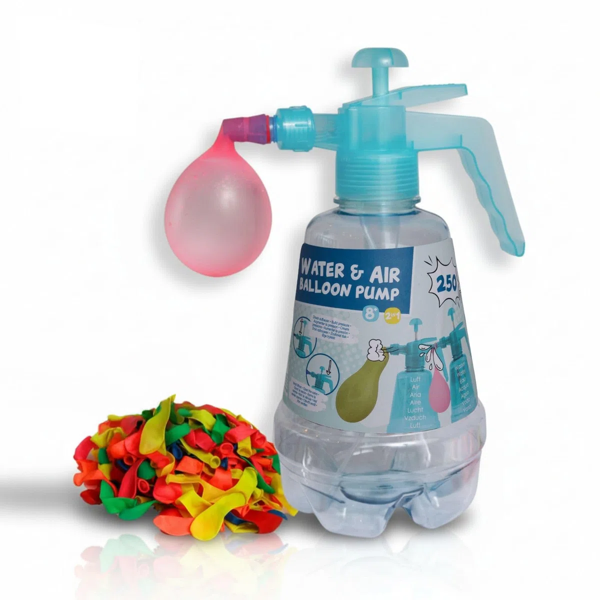 alldoro 60200 Pompa per bombe ad acqua o palloncini, per bambini a partire dagli 8 anni - Riempitore per palloncini con serbatoio da 1,5 l, aiuto per nodi e 250 palloncini